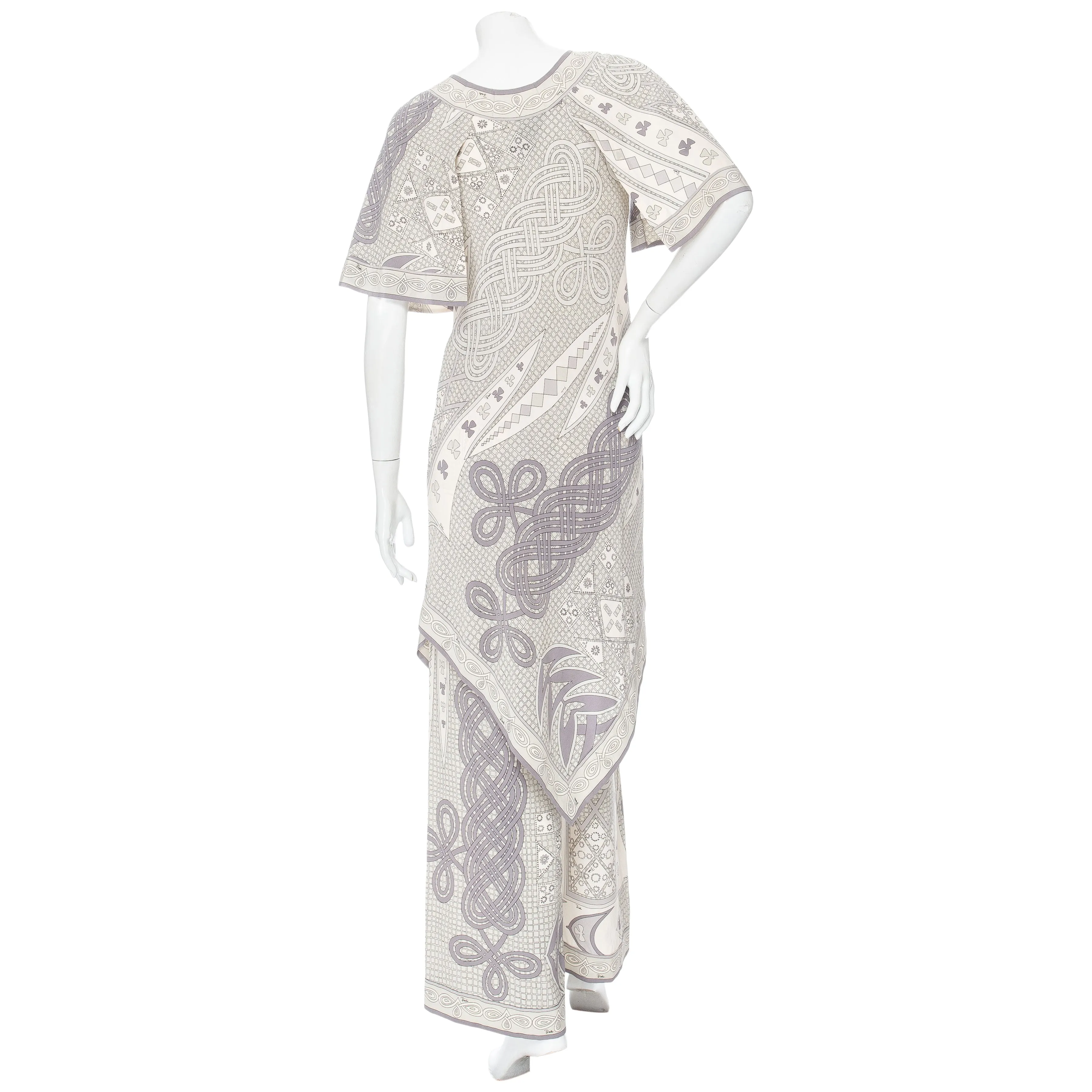 1960s Gray and White Silk Printed Two-Piece Dress and Pants Set