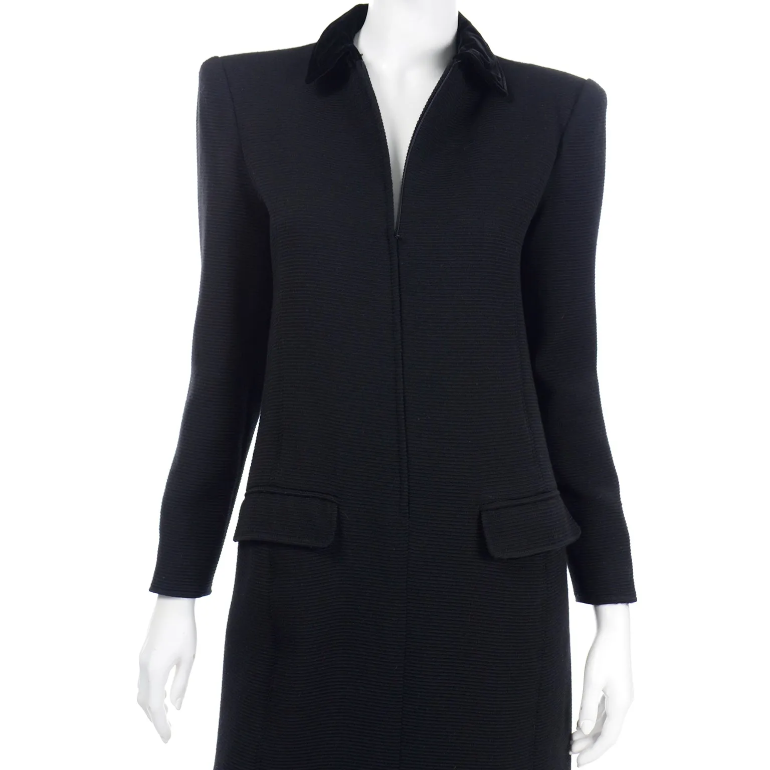 1980s Valentino Boutique Vintage Black Ribbed Dress w Velvet Collar