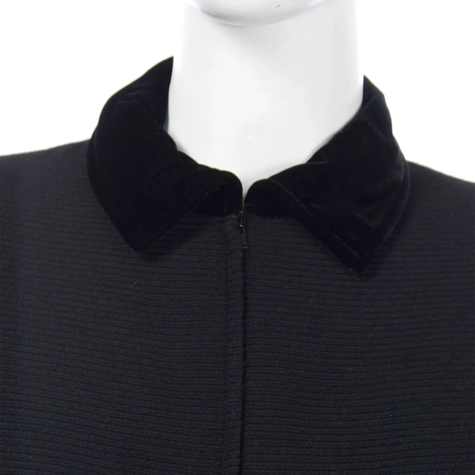 1980s Valentino Boutique Vintage Black Ribbed Dress w Velvet Collar