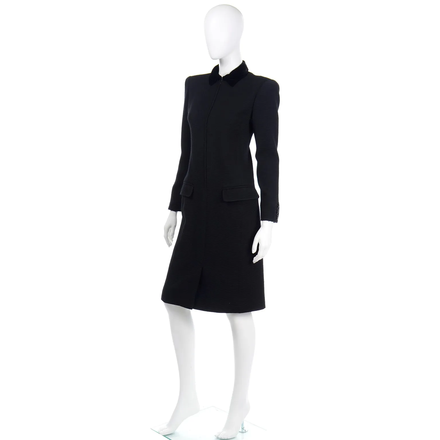 1980s Valentino Boutique Vintage Black Ribbed Dress w Velvet Collar