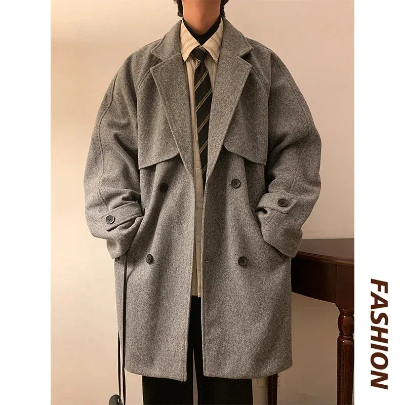 Aidase Autumn Winter Wool Jacket Men Casual Solid Wool Coats Male Loose Turn Down Collar Mens Long Coat