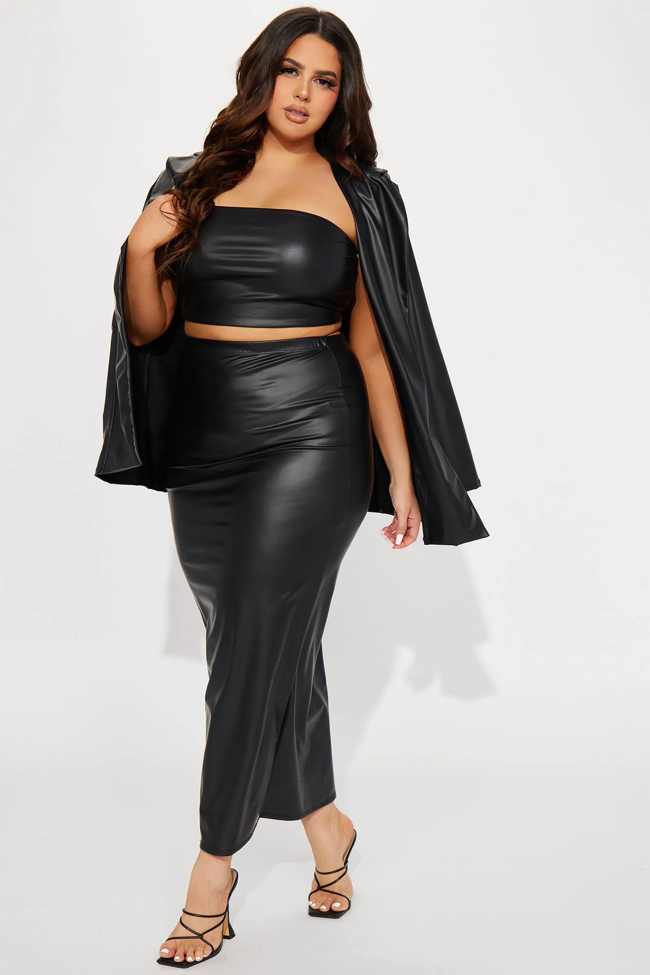 All Night 3 Piece Faux Leather Skirt Set - Black