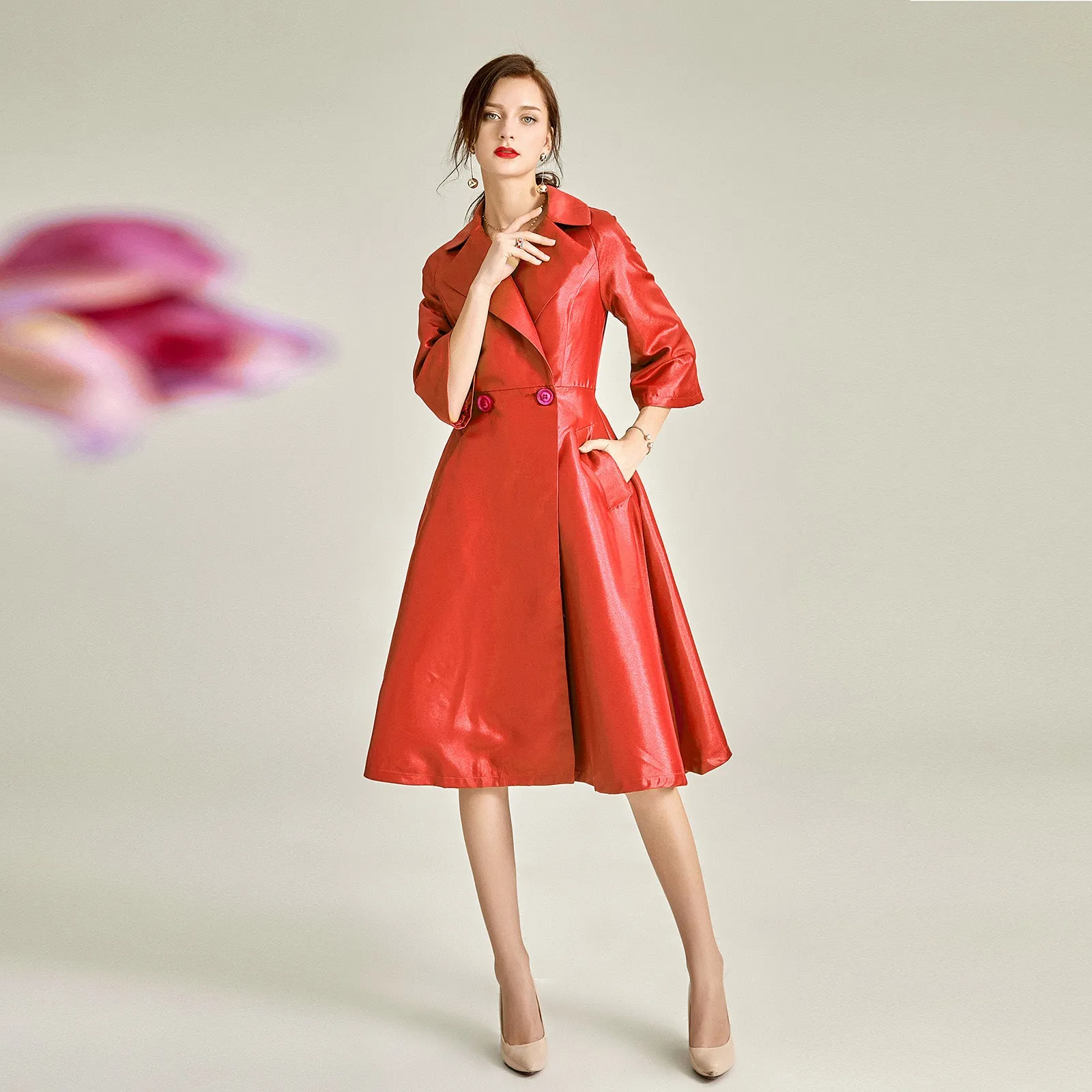 Autumn winter satin swing Hepburn trench coat dress- Oi