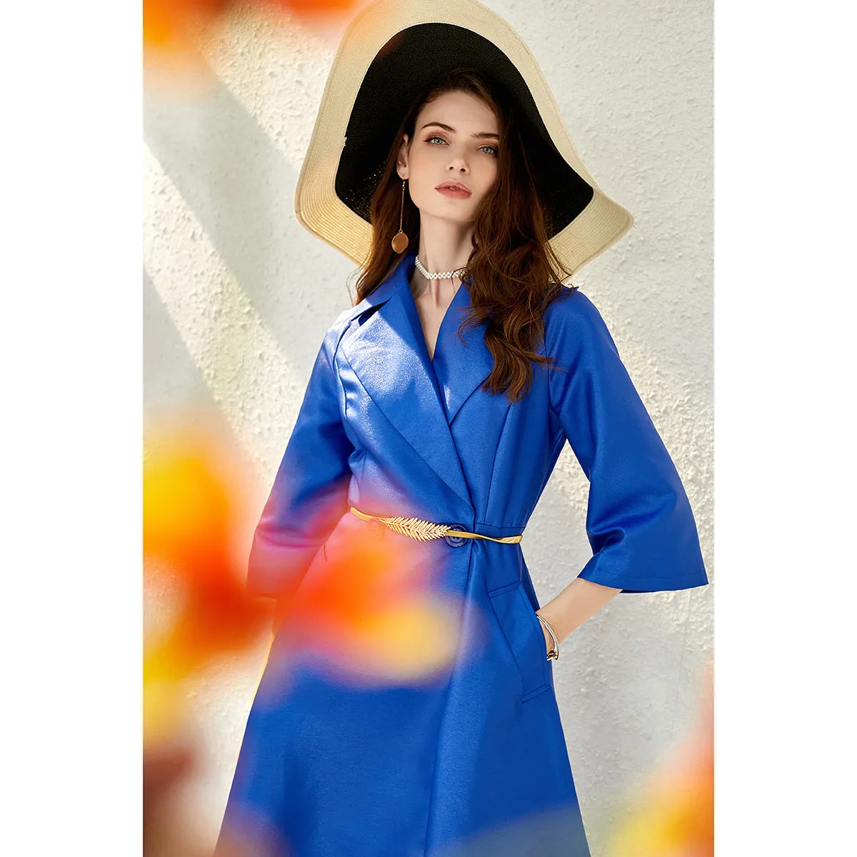 Autumn winter satin swing Hepburn trench coat dress- Oi