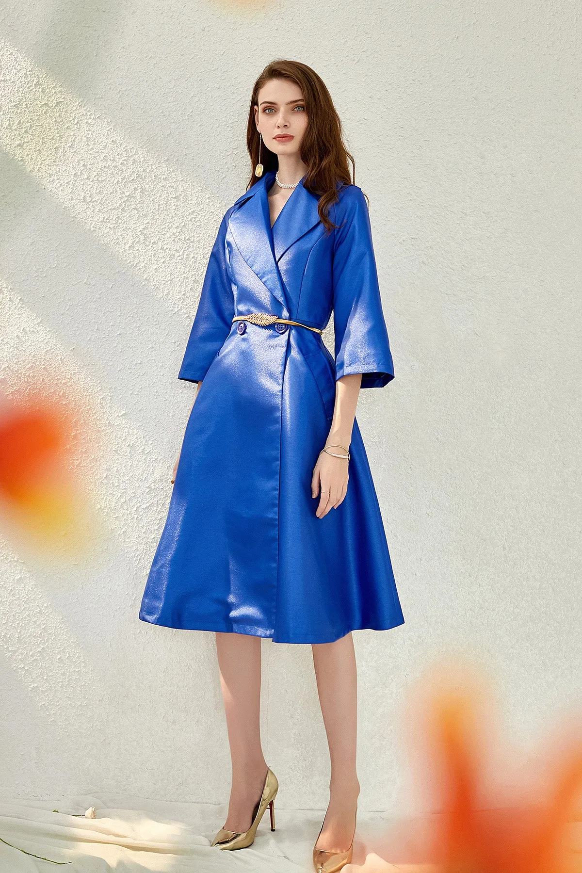 Autumn winter satin swing Hepburn trench coat dress- Oi