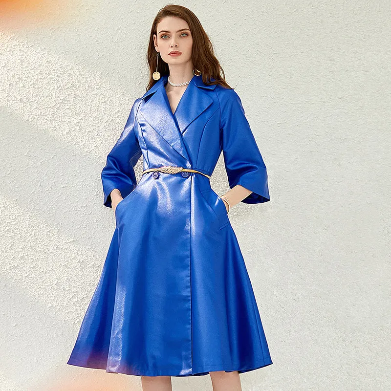 Autumn winter satin swing Hepburn trench coat dress- Oi