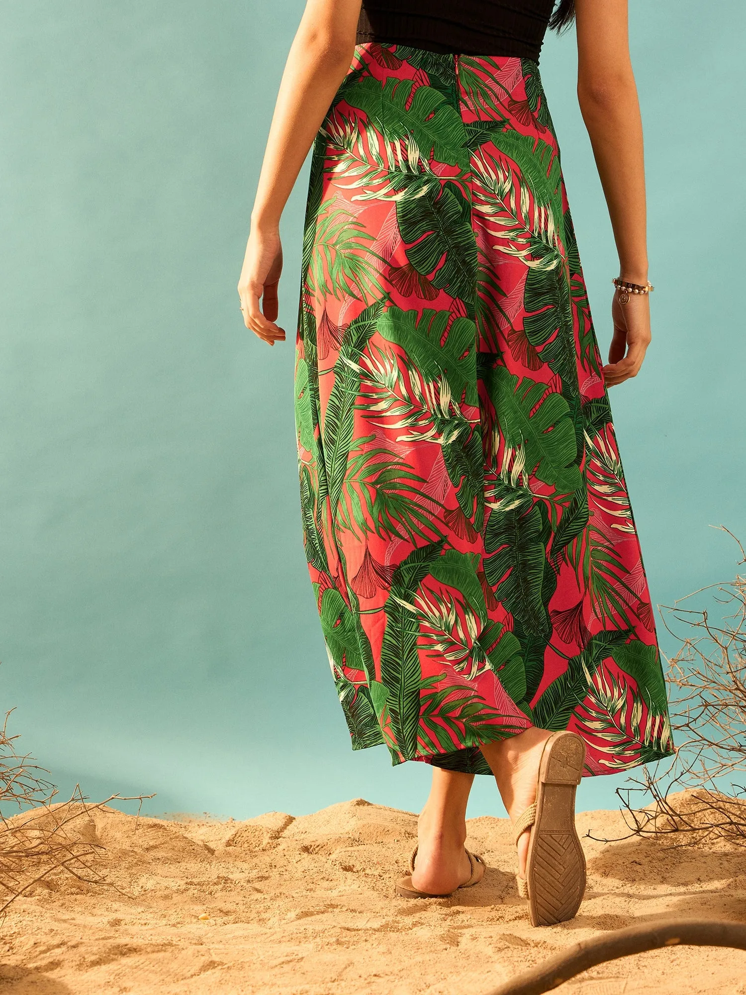 Berrylush Women Red & Green Tropical Printed High-Rise Waist Straight Hem Thigh-High Slit A-Line Maxi Skirt