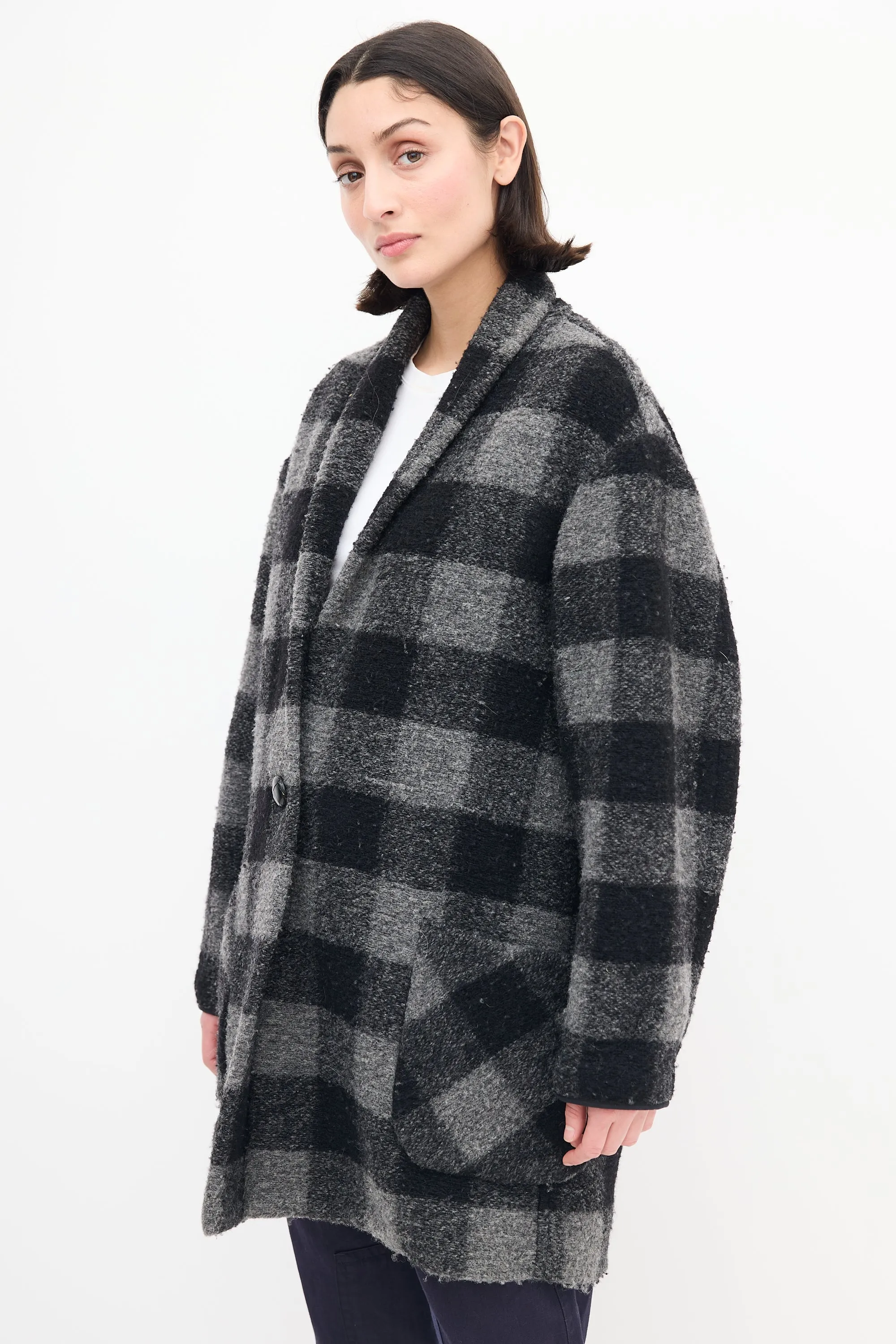 Black & Grey Checkered Wool Coat