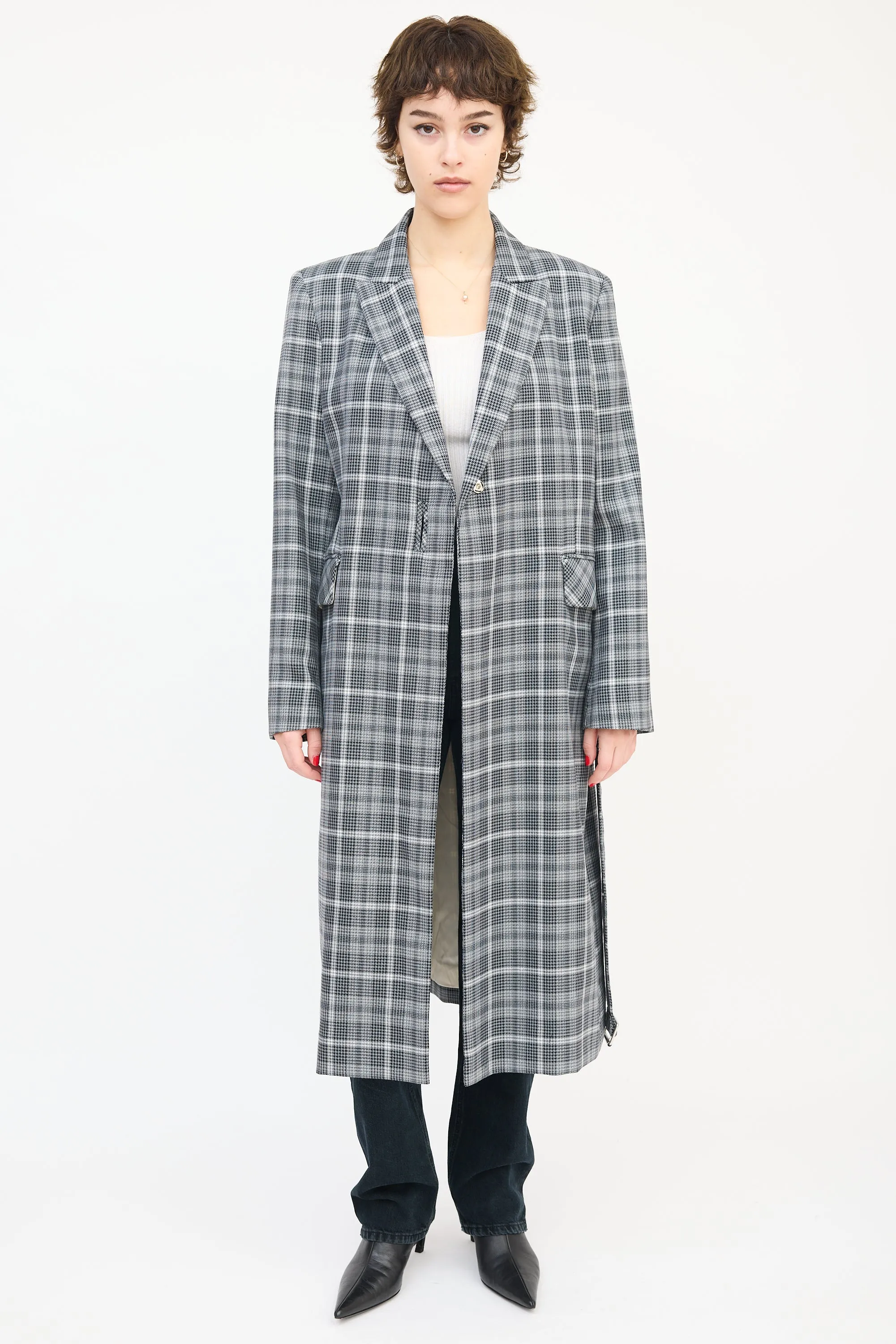 Black & White Wool Check Belted Coat