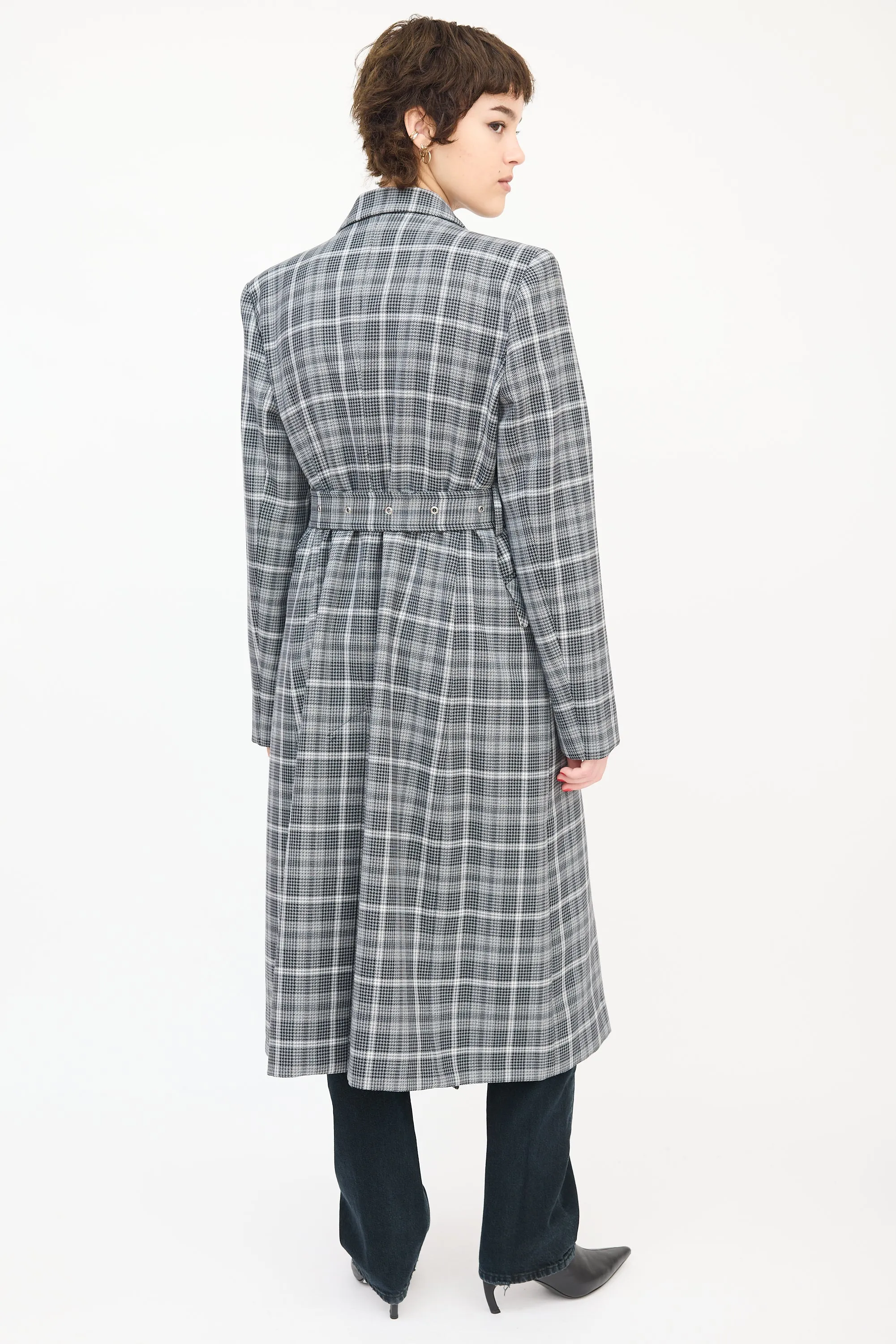 Black & White Wool Check Belted Coat