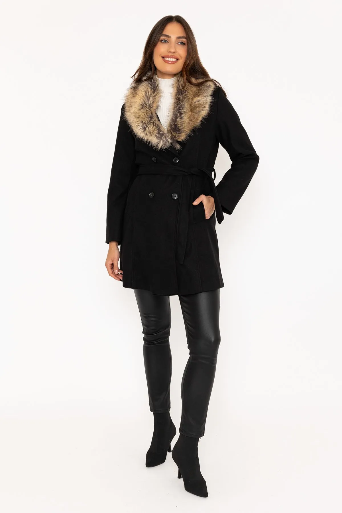 Black Faux Fur Trim Coat