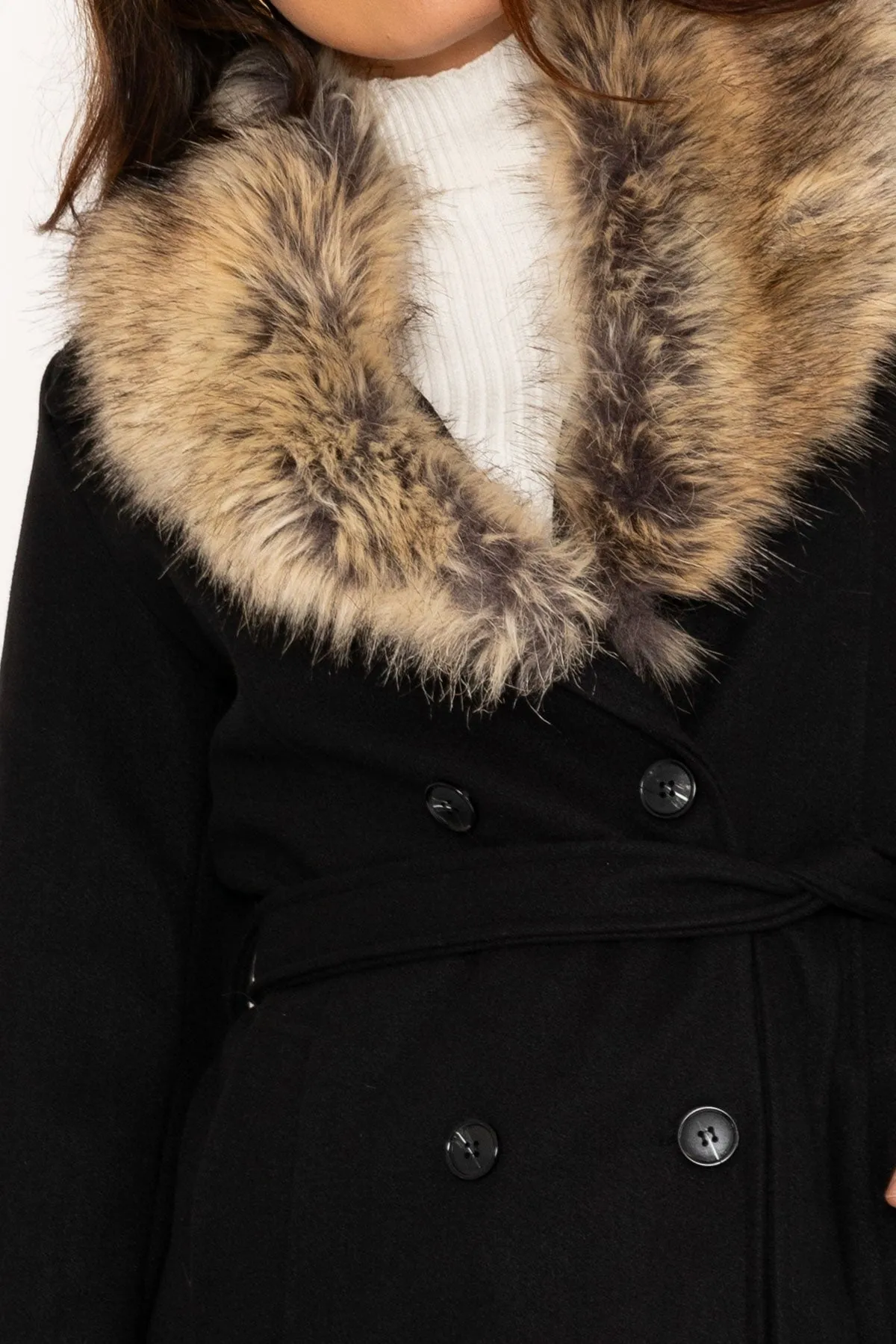 Black Faux Fur Trim Coat