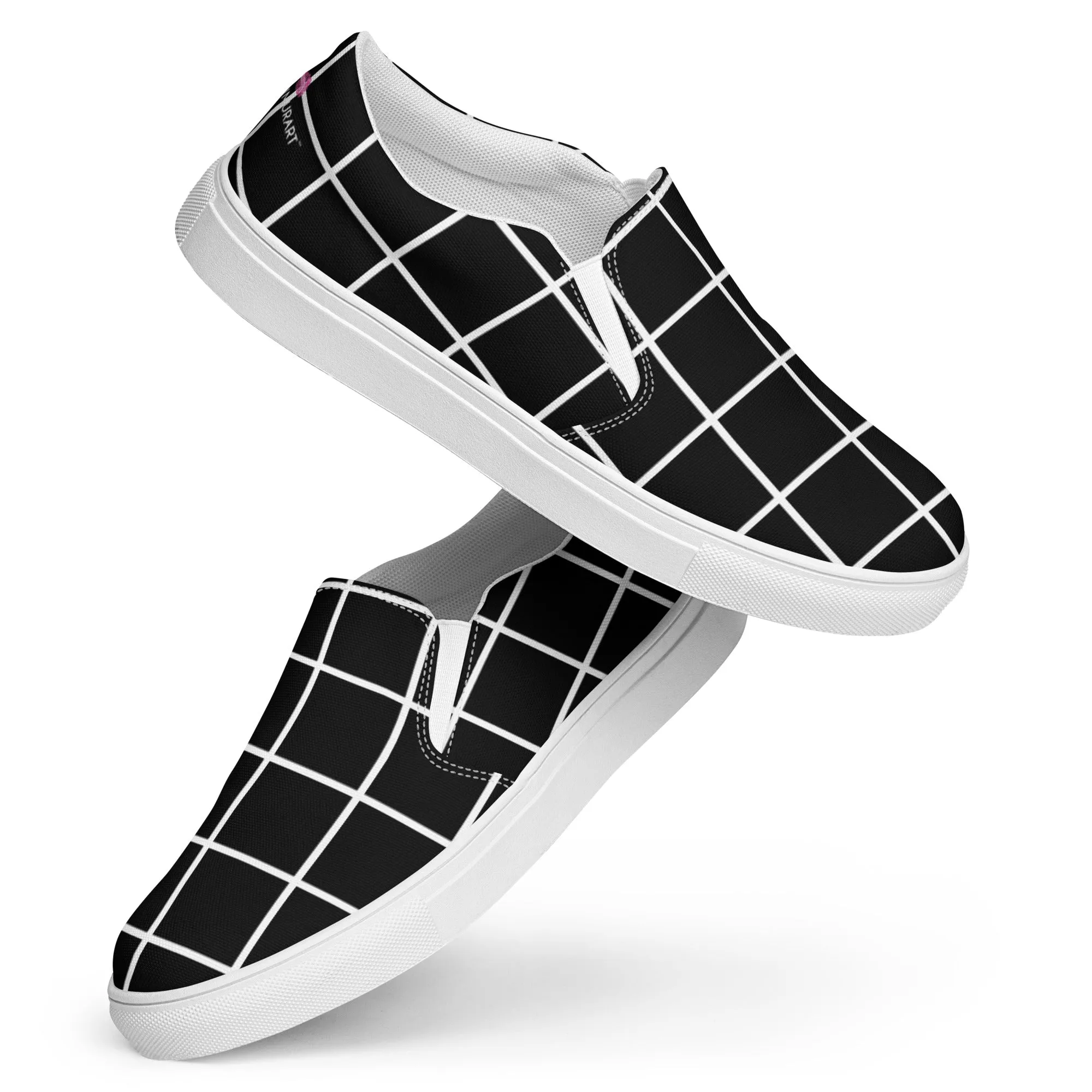 Black Grid Women's Sneakers, Unique Abstract Print Women’s Slip-On Canvas Shoes (US Size: 5-12)