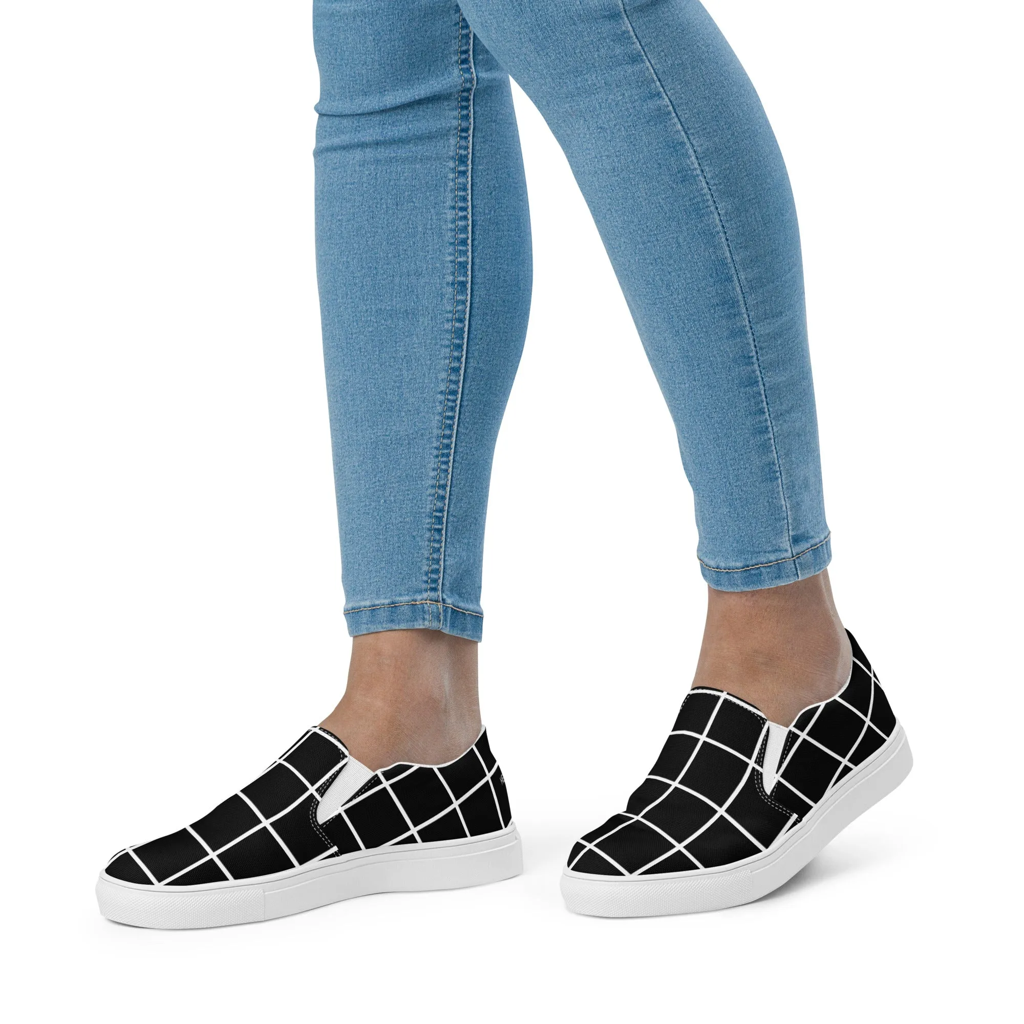 Black Grid Women's Sneakers, Unique Abstract Print Women’s Slip-On Canvas Shoes (US Size: 5-12)