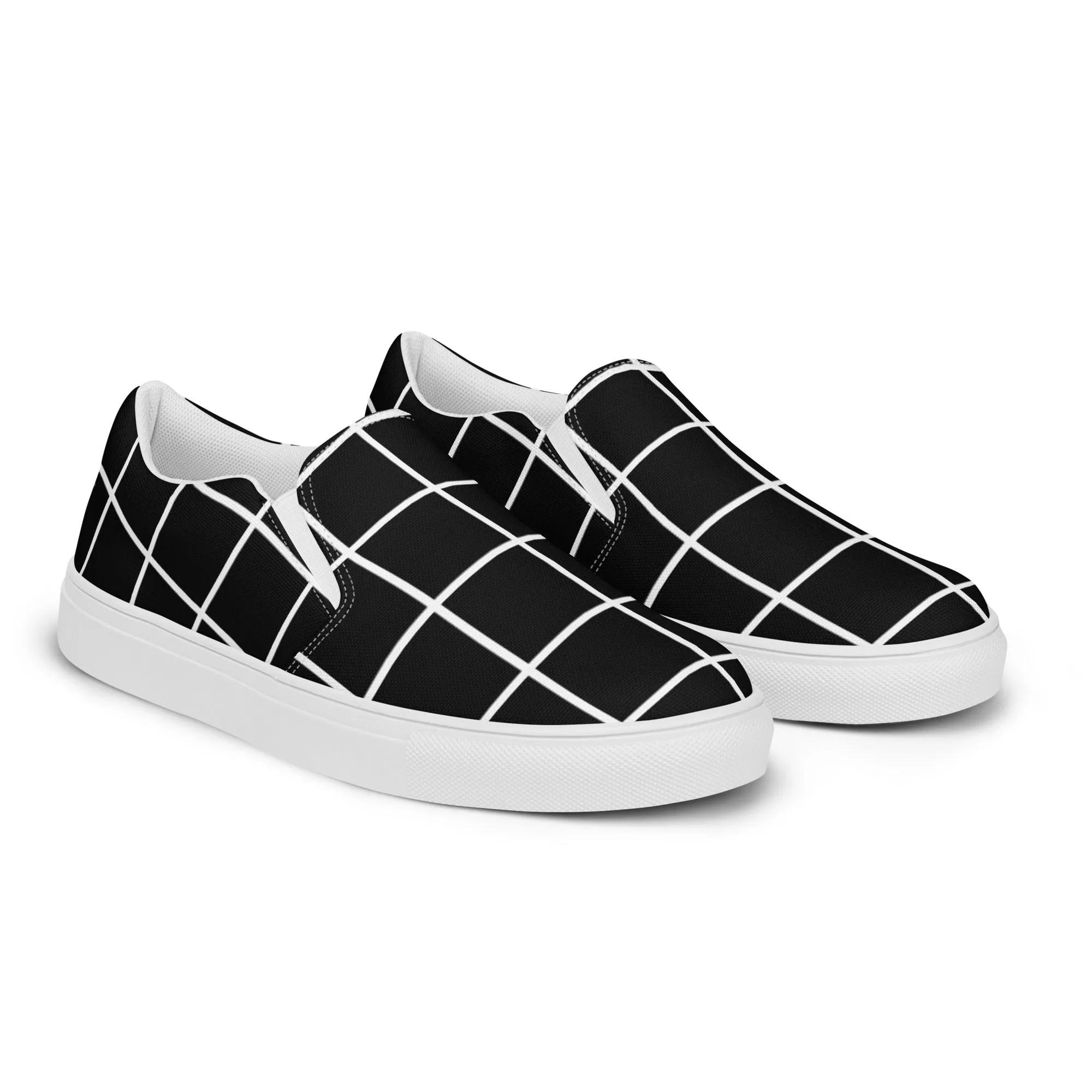 Black Grid Women's Sneakers, Unique Abstract Print Women’s Slip-On Canvas Shoes (US Size: 5-12)