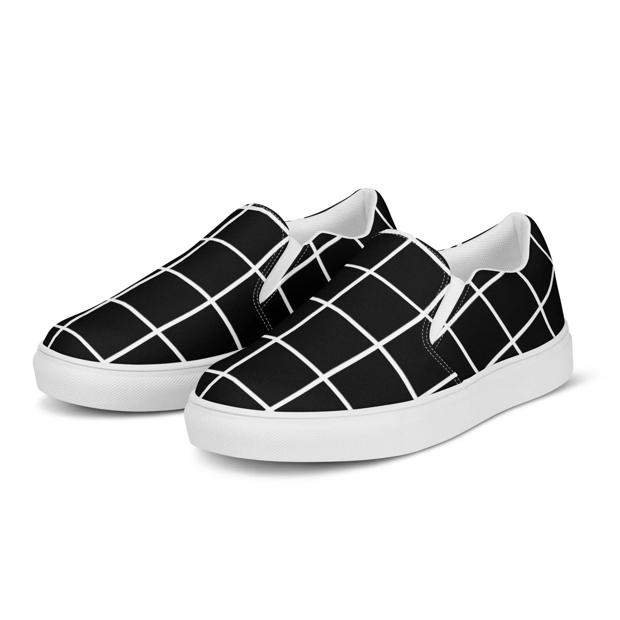 Black Grid Women's Sneakers, Unique Abstract Print Women’s Slip-On Canvas Shoes (US Size: 5-12)