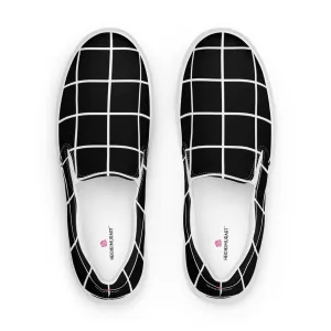 Black Grid Women's Sneakers, Unique Abstract Print Women’s Slip-On Canvas Shoes (US Size: 5-12)