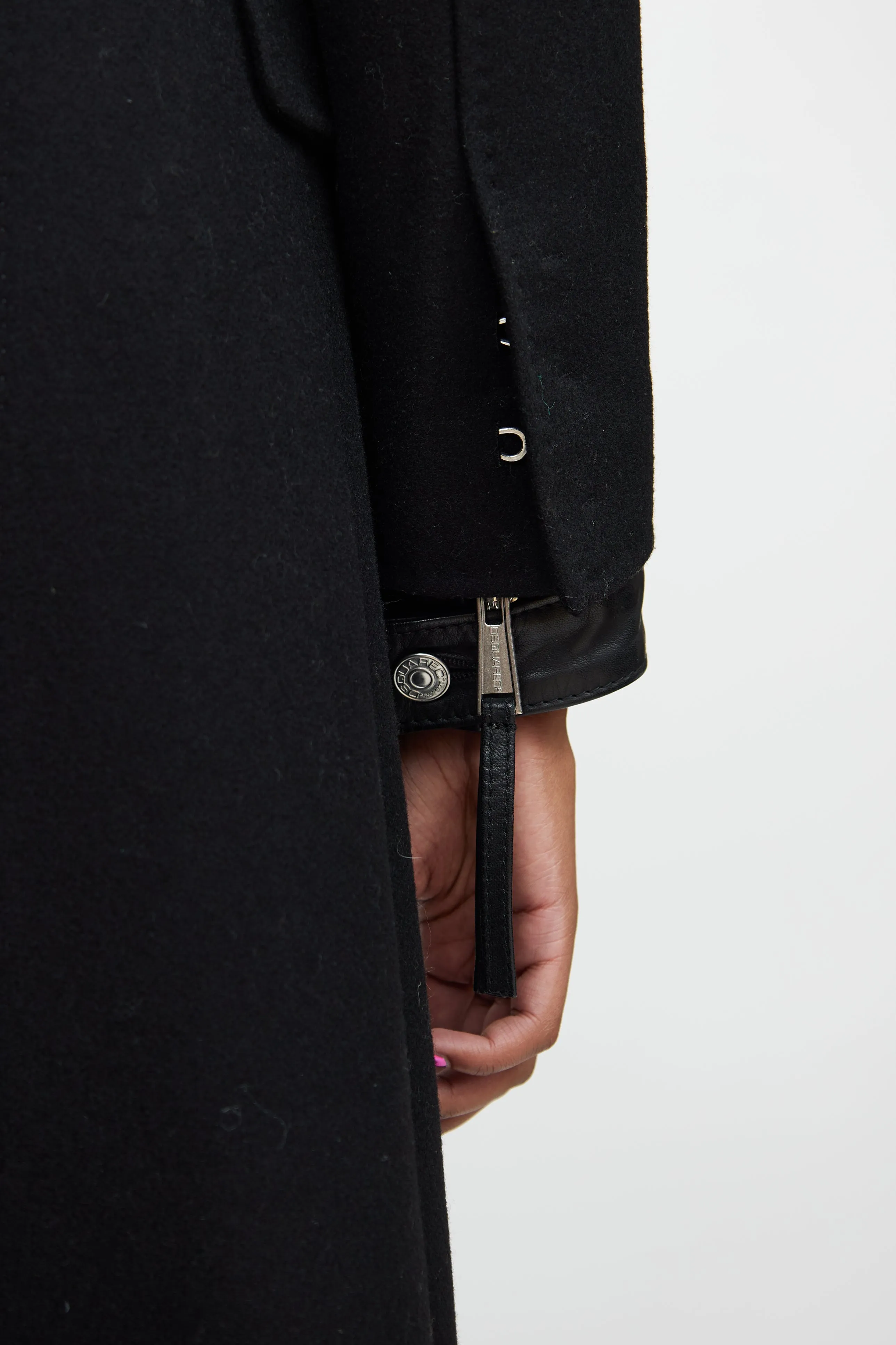 Black Leather Wool Coat