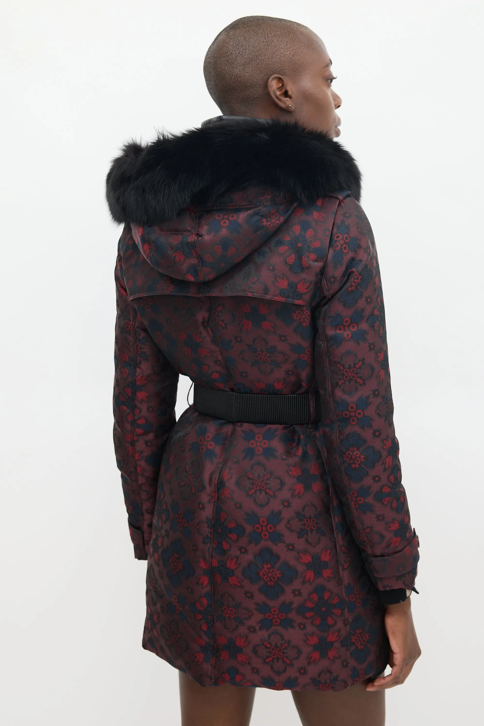 Burgundy & Multicolour Floral Fur Trimmed Padded Coat