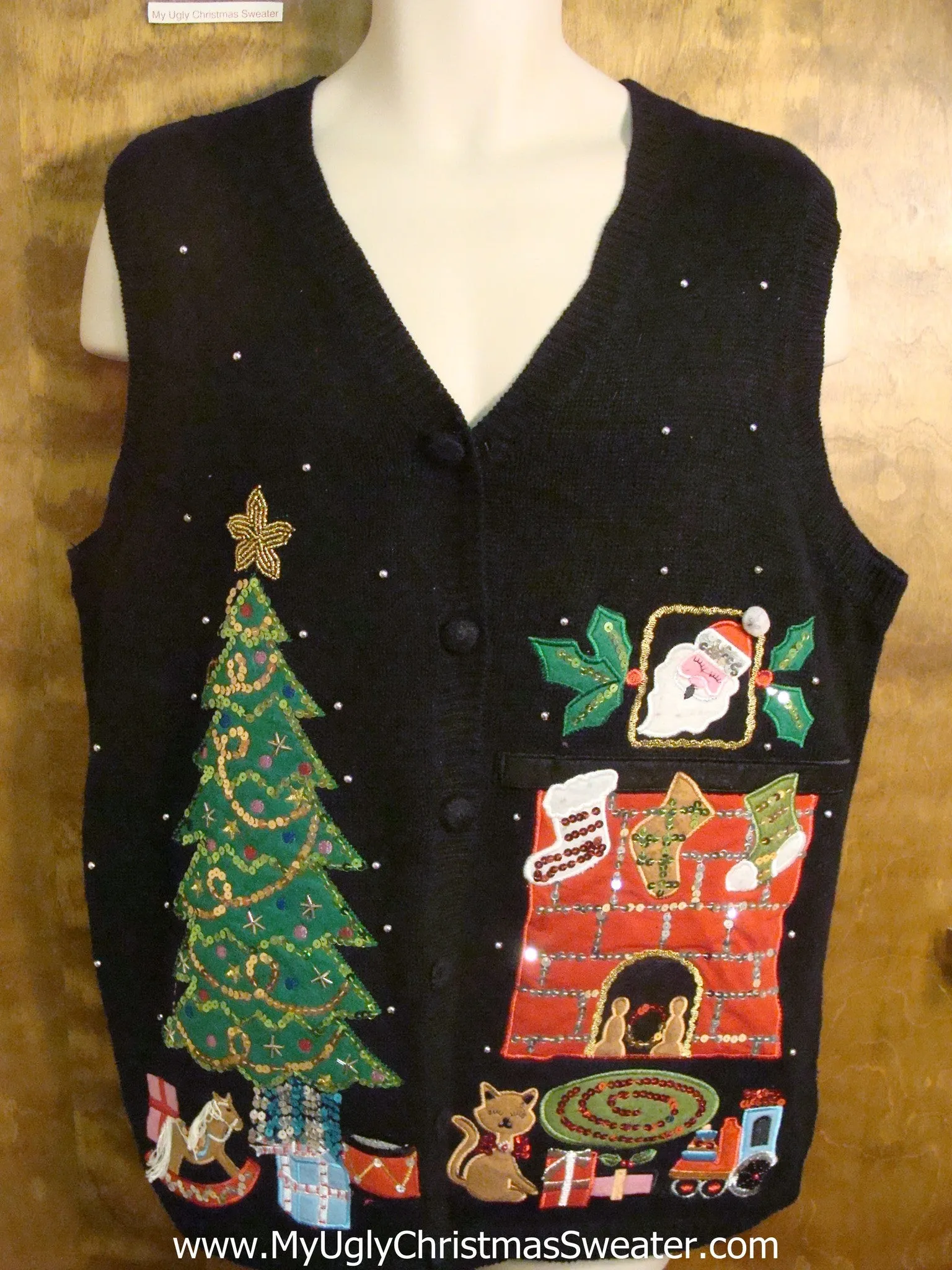 Cat Under the Tree Funny Christmas Sweater Vest