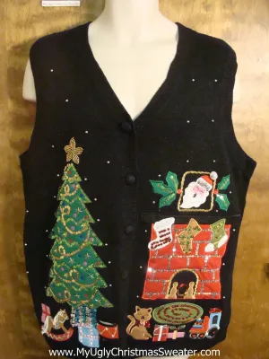 Cat Under the Tree Funny Christmas Sweater Vest