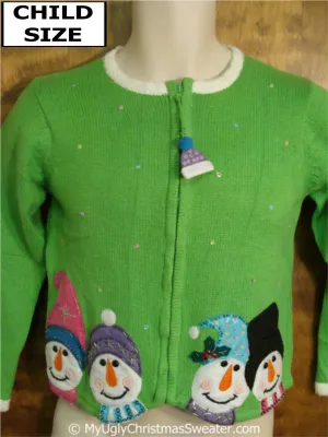 Child Size Green Ugly Christmas Sweater with Four Snowmen