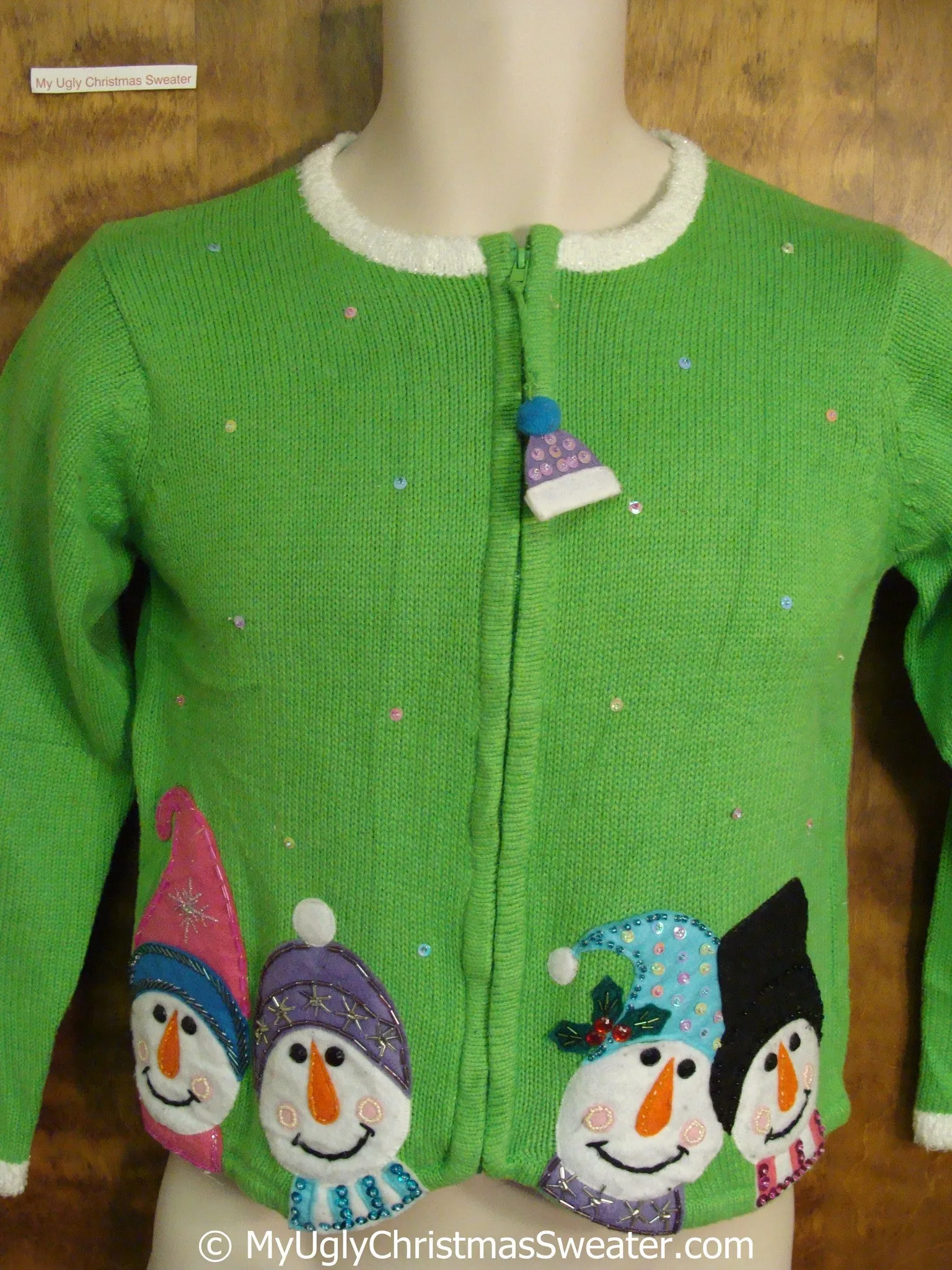 Child Size Green Ugly Christmas Sweater with Four Snowmen