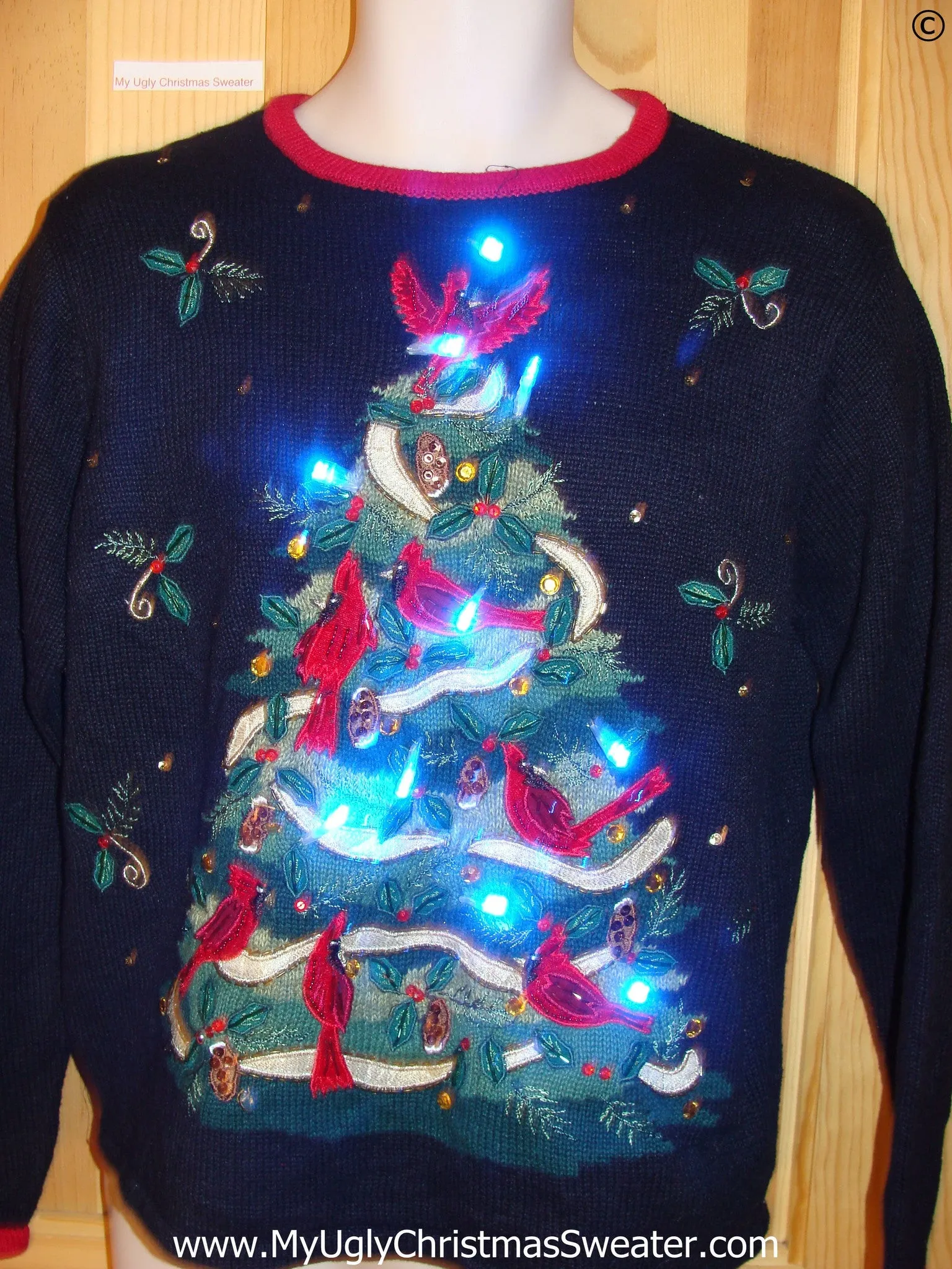 Christmas Sweater with Red Cardinal Birds and Lights