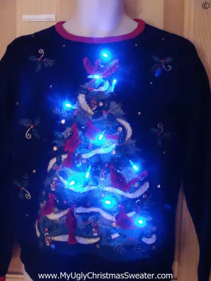 Christmas Sweater with Red Cardinal Birds and Lights