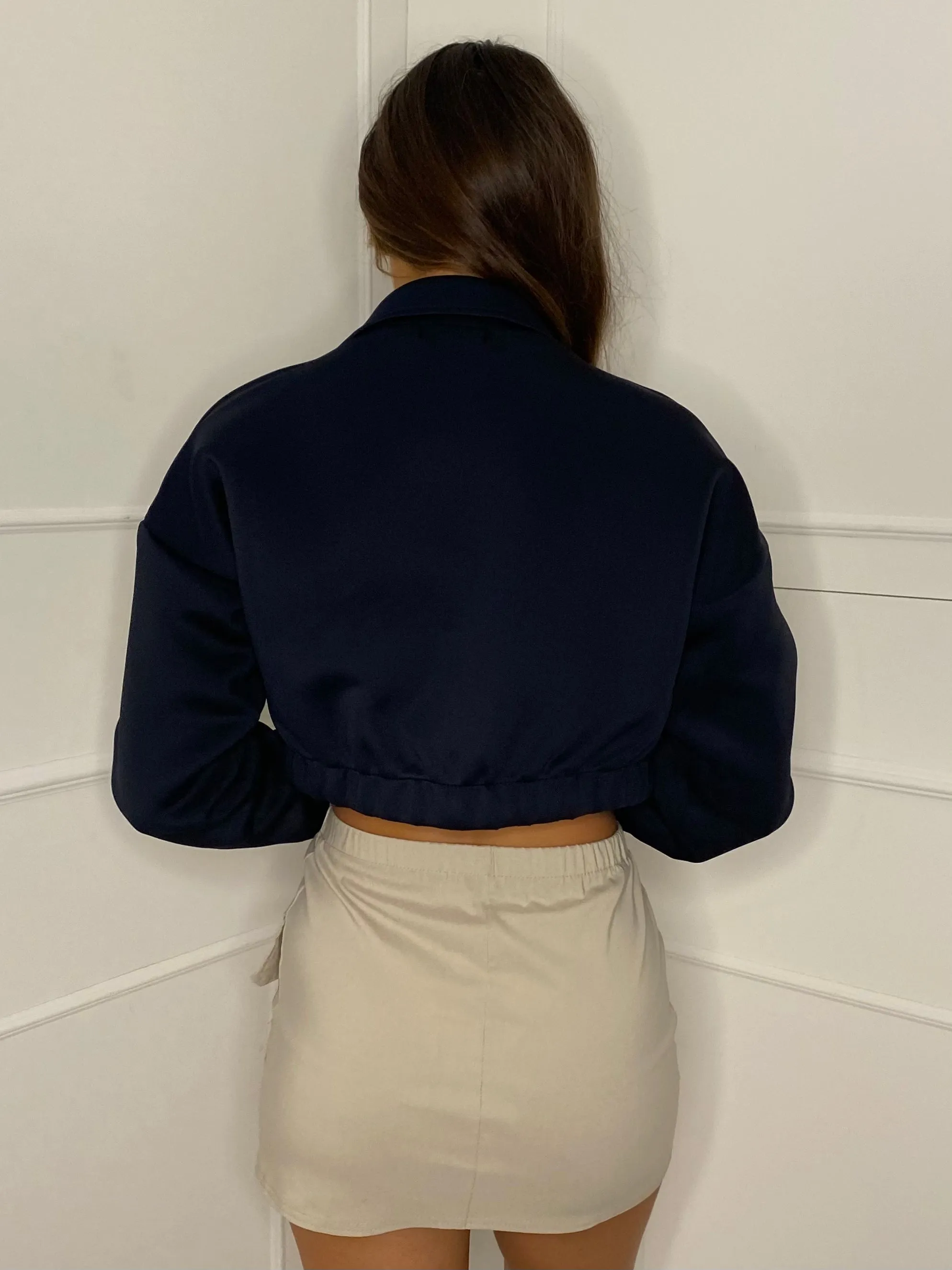 Collar Pocket Detail Cropped Jacket - Navy