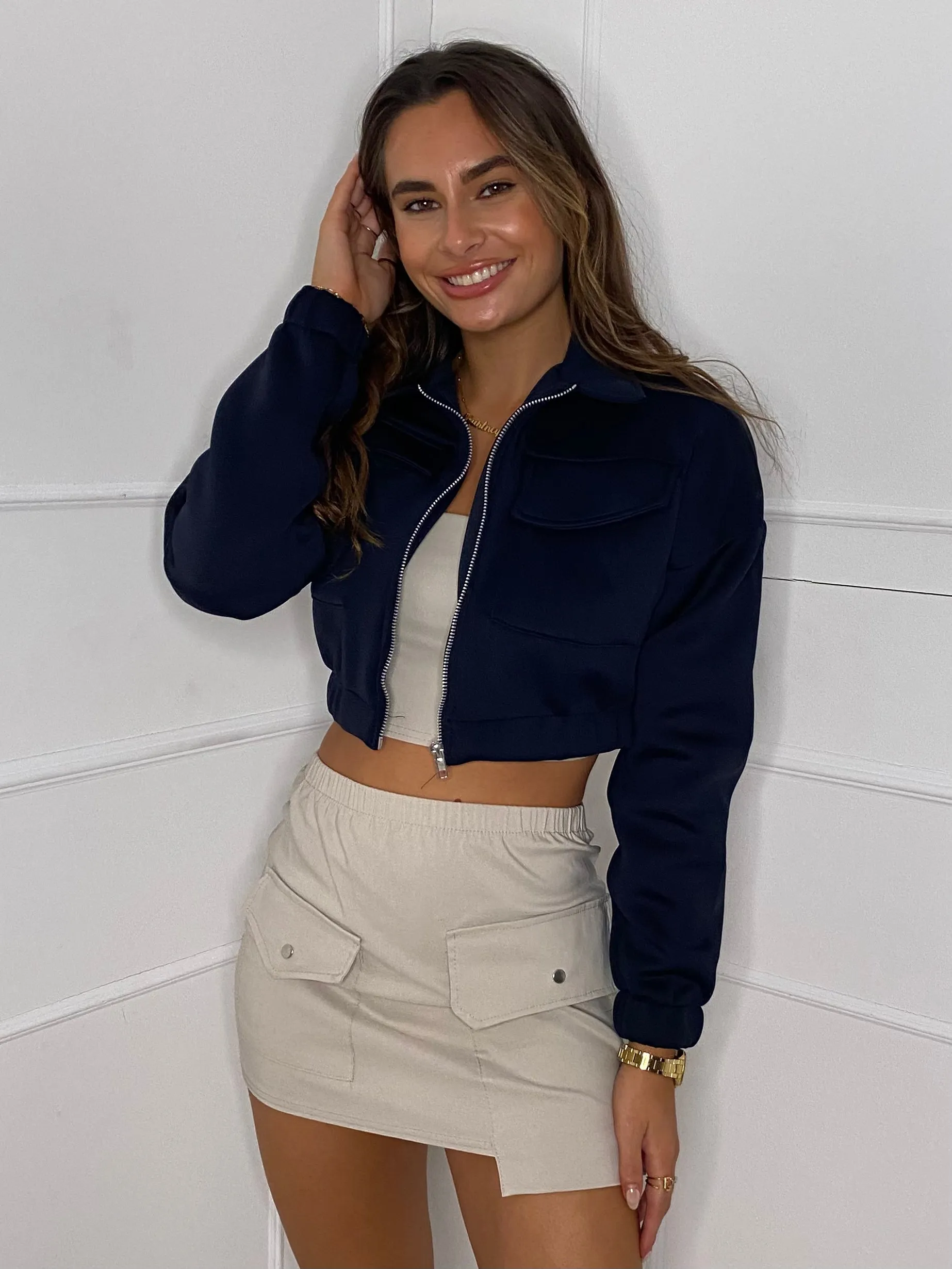 Collar Pocket Detail Cropped Jacket - Navy