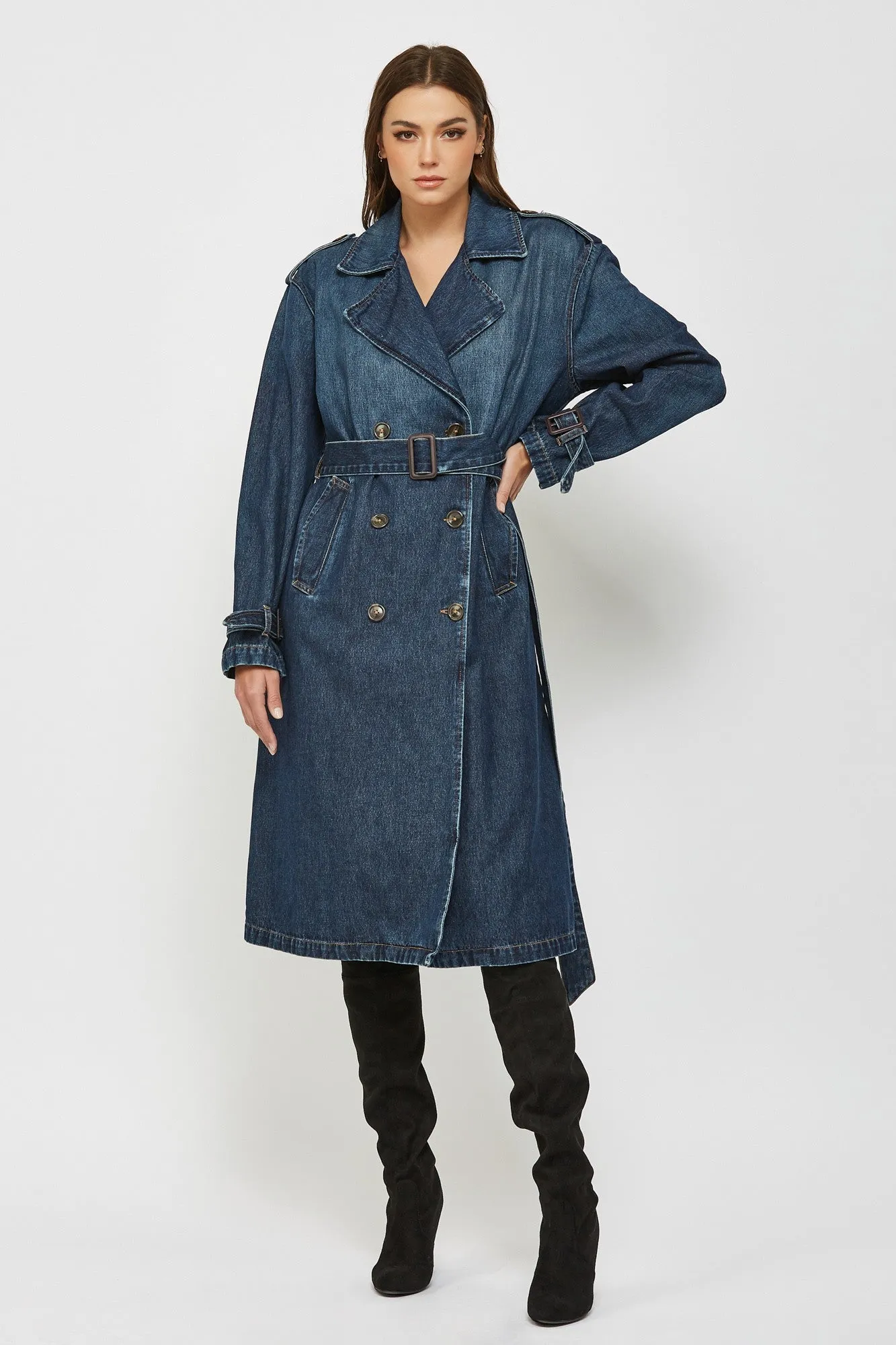 Devon Classic Denim Trench Coat - Dark Wash