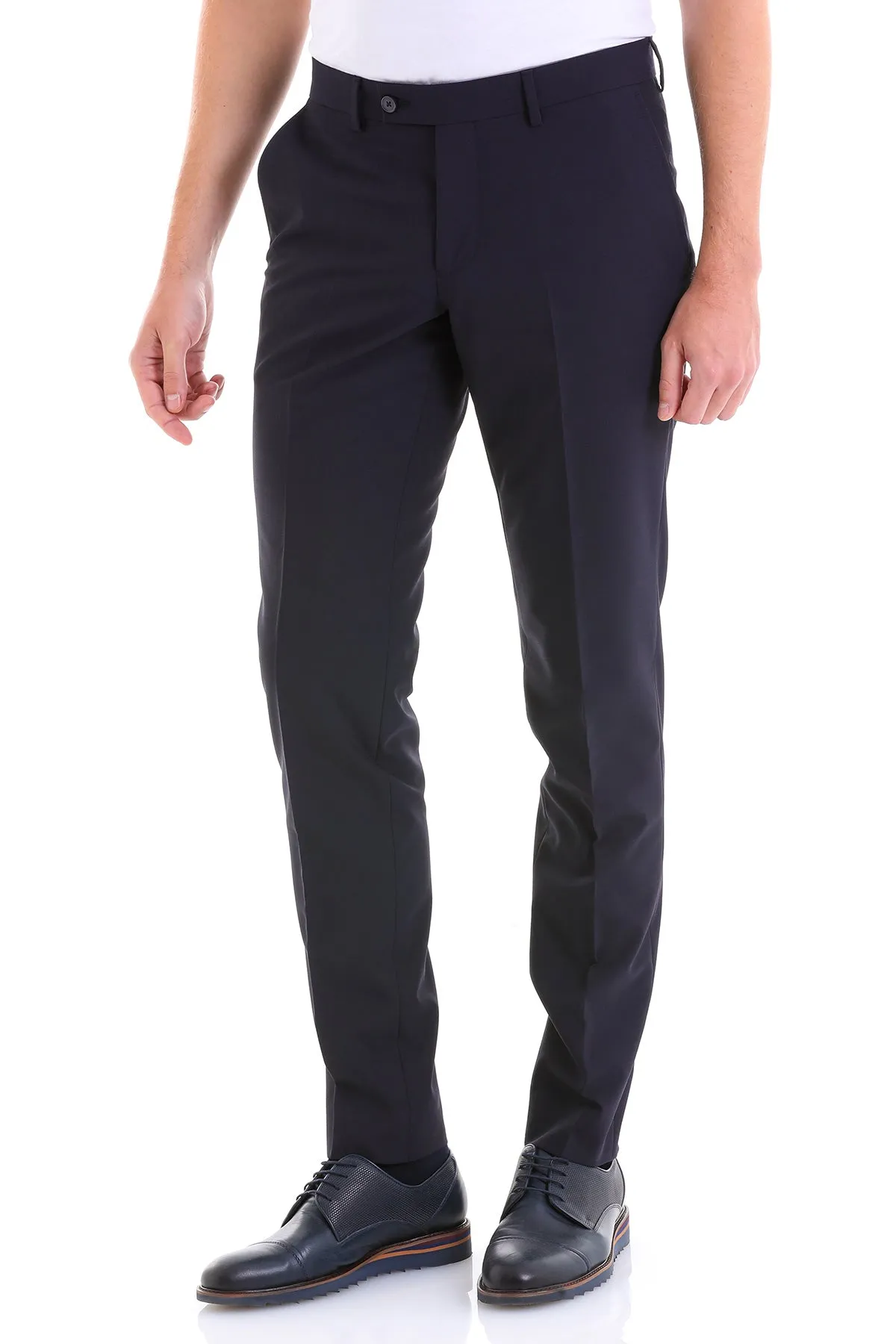 Dynamic Fit Side Pocket Low Waist Unpleated Wool Black Dress Pants, Navy