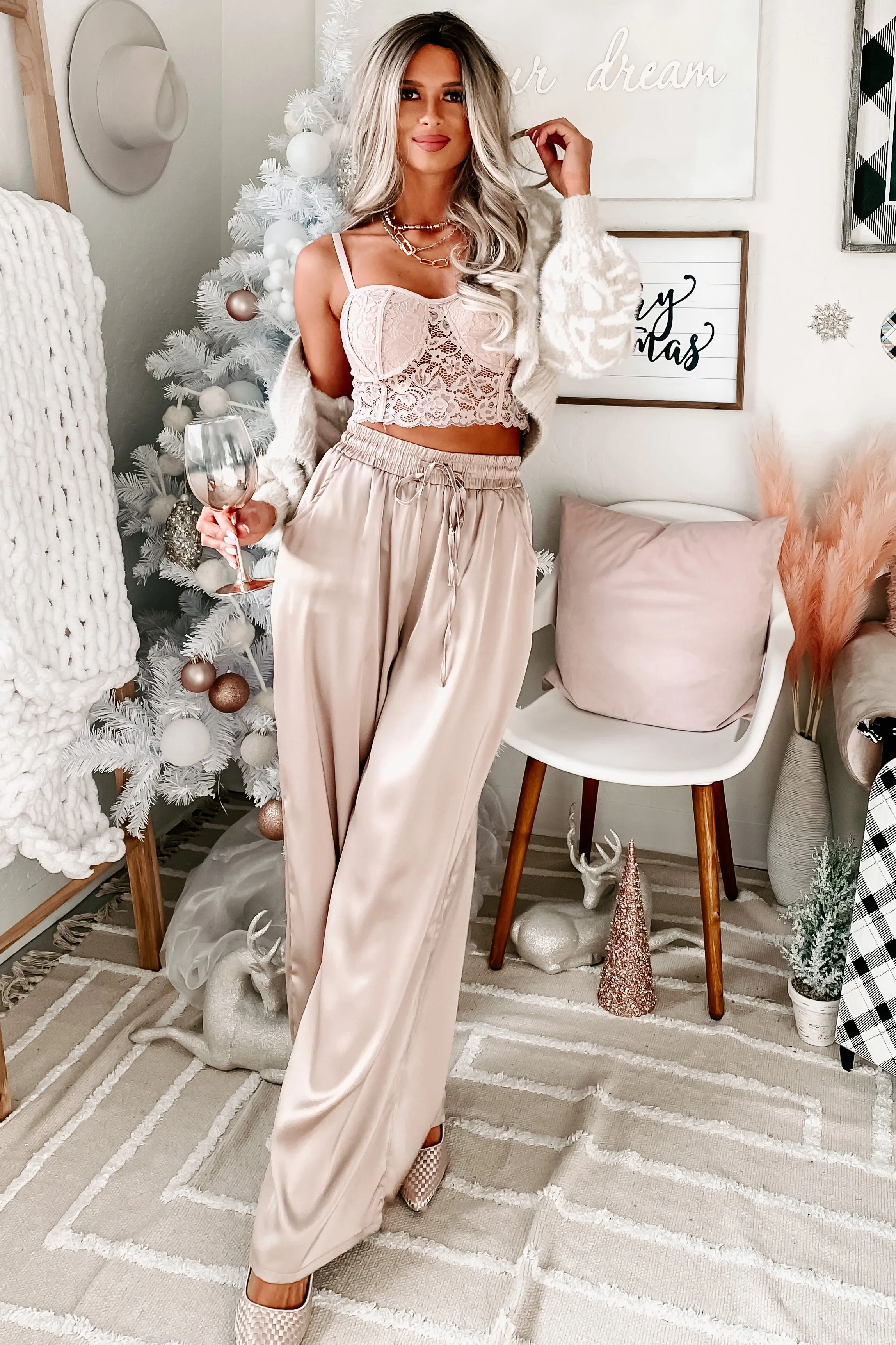 Eisele Wide Leg Satin Pants (Light Taupe)