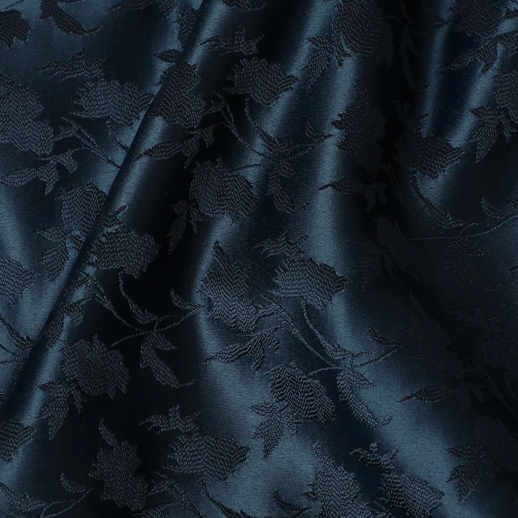 Elegant Deep Navy Synthetic Brocade Fabric with Floral Leaf Pattern â€“ 140 cm Width-D19384