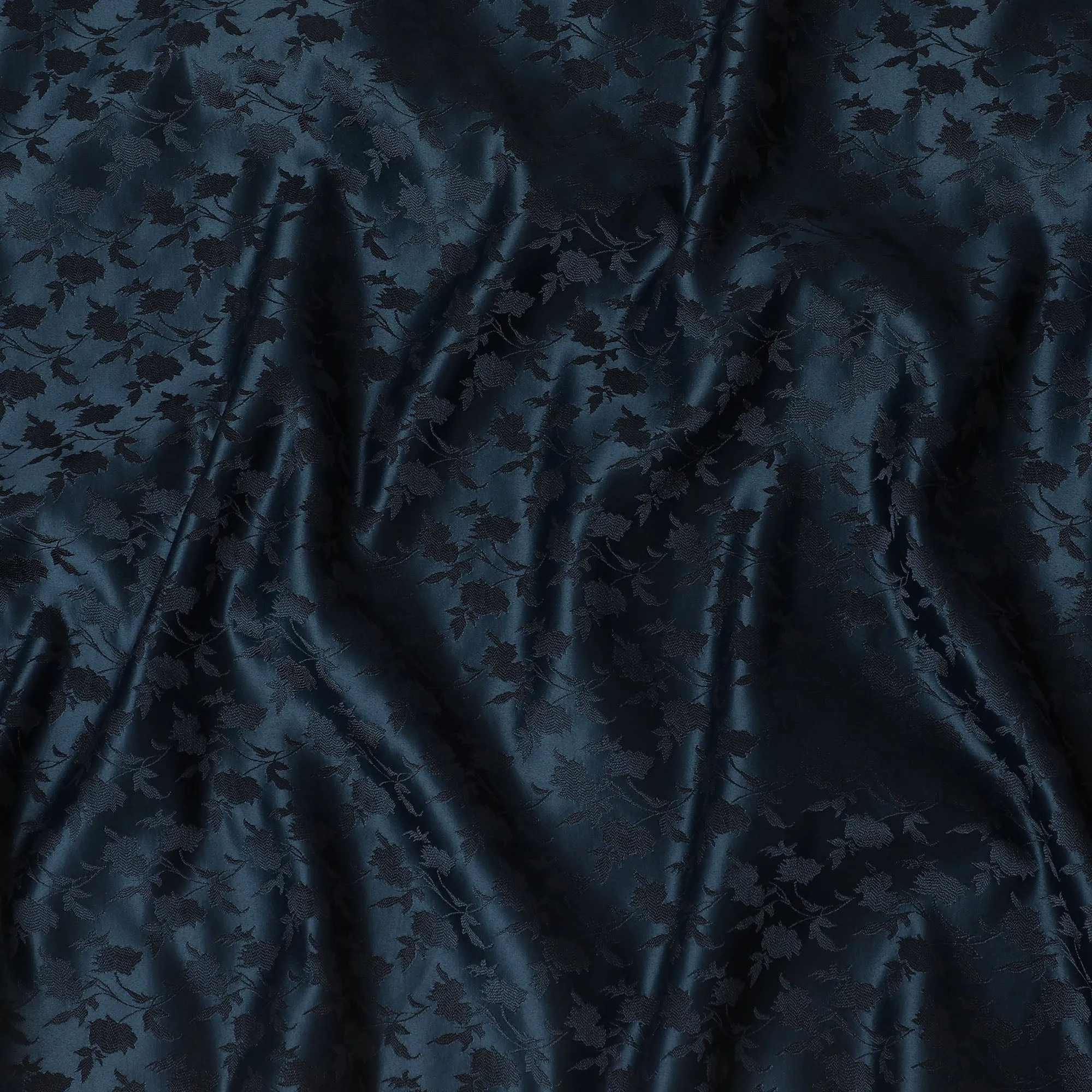 Elegant Deep Navy Synthetic Brocade Fabric with Floral Leaf Pattern â€“ 140 cm Width-D19384