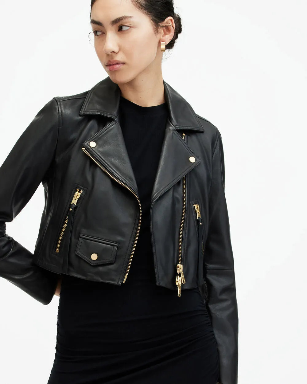 Elora AllSaints cropped leather biker jacket, black