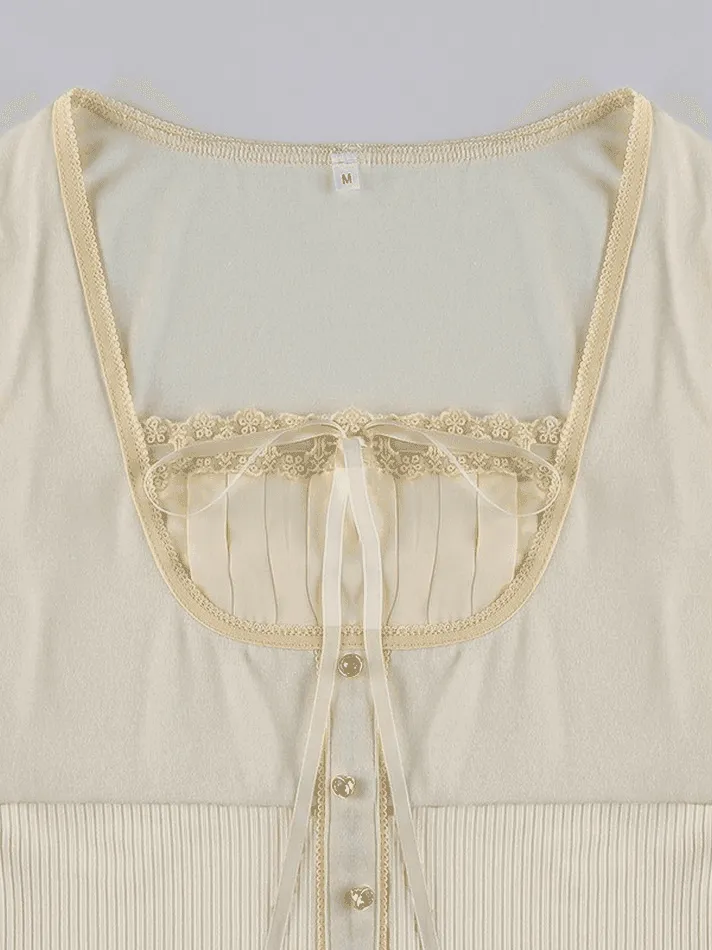 Fleece Bow-Neck Ribbed Lace Blouse