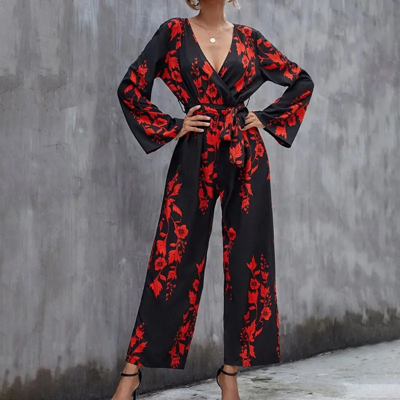 Floral Print Belted Wide Leg Jumpsuit