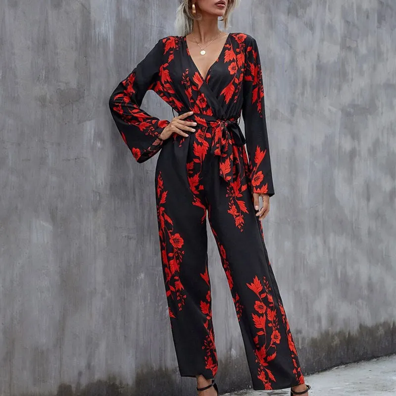 Floral Print Belted Wide Leg Jumpsuit