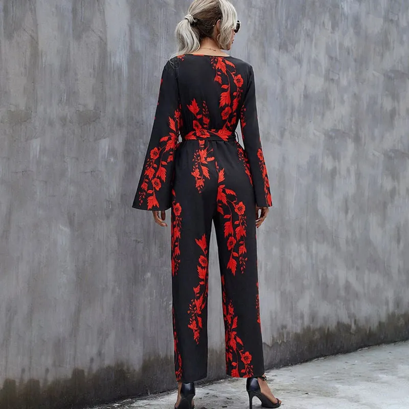 Floral Print Belted Wide Leg Jumpsuit