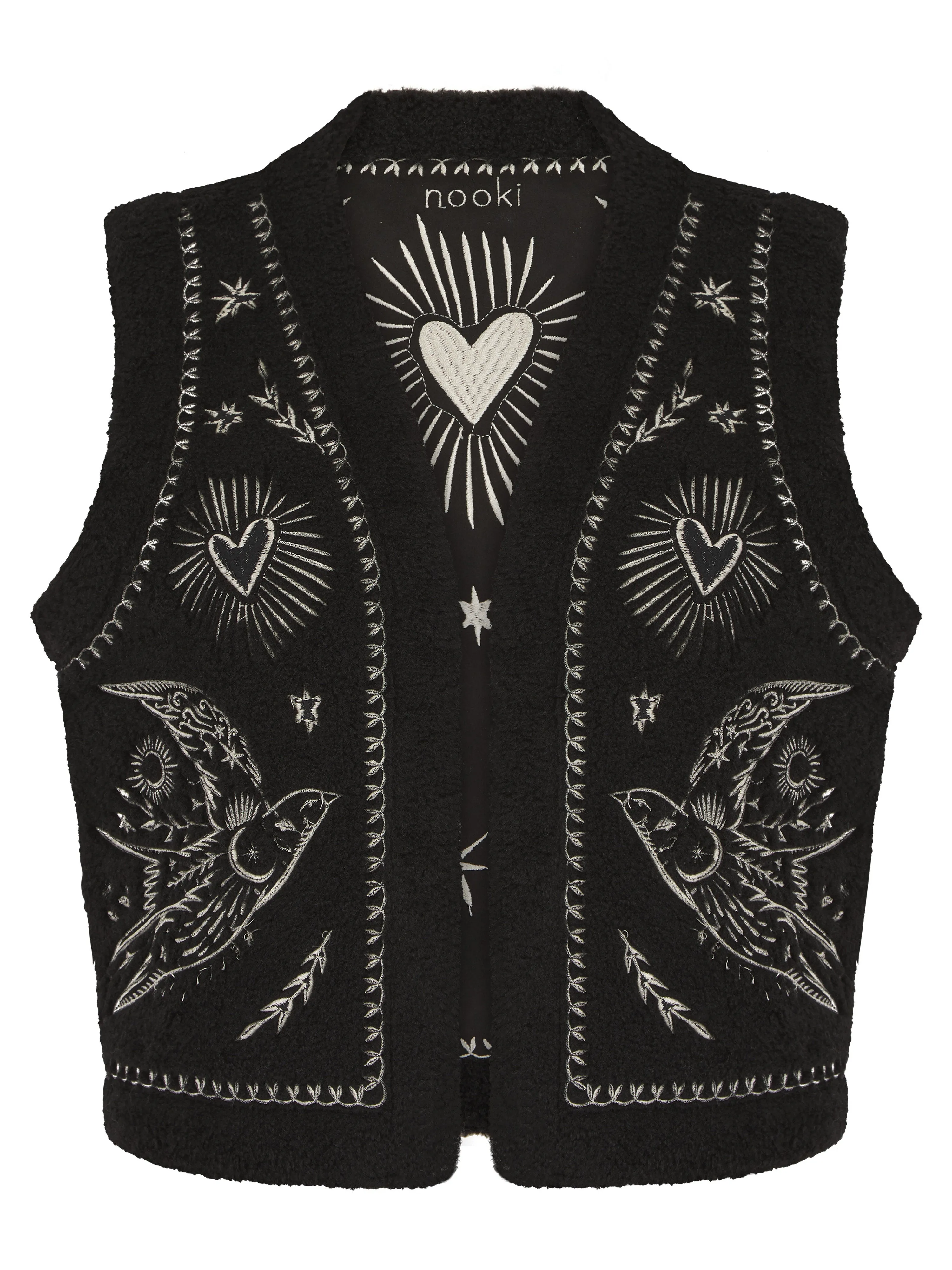 FREE BIRD EMBROIDERED FAUX SHEARLING GILET-BLACK