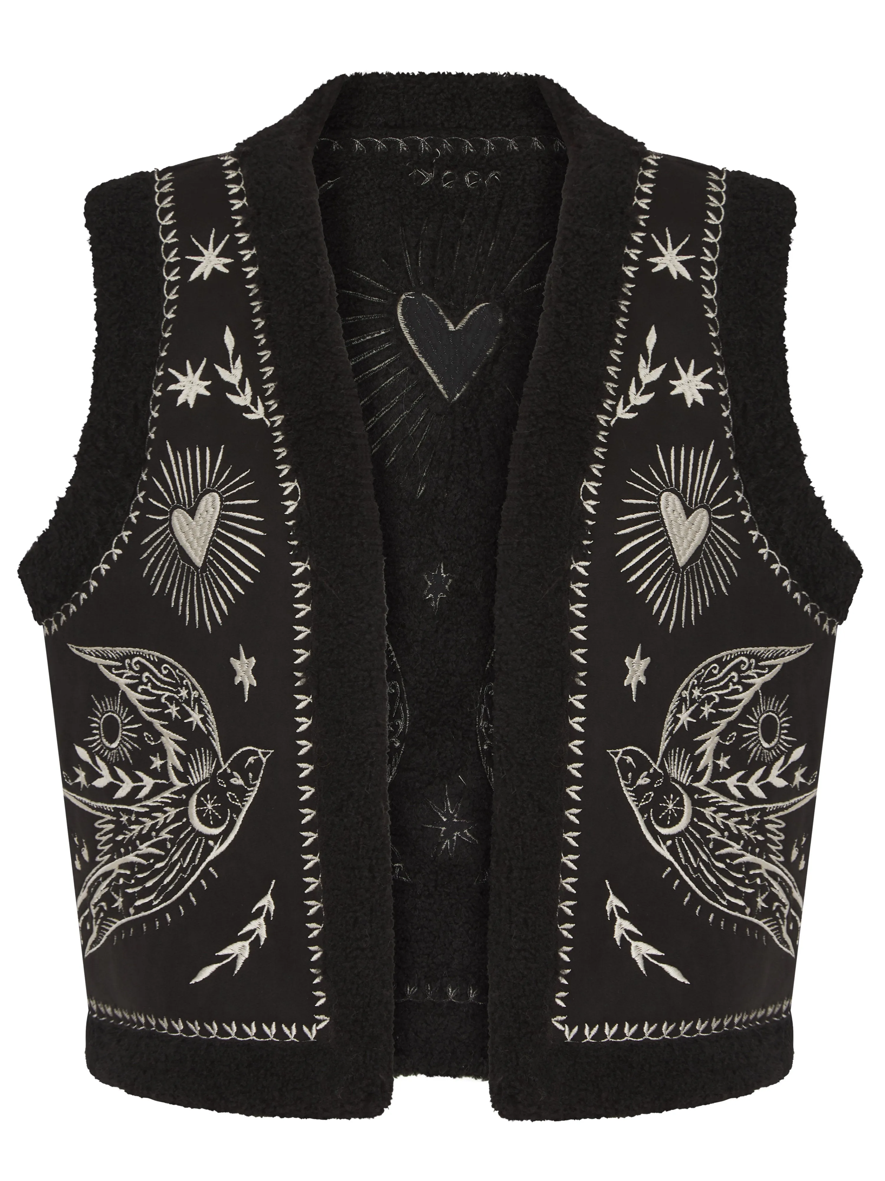 FREE BIRD EMBROIDERED FAUX SHEARLING GILET-BLACK