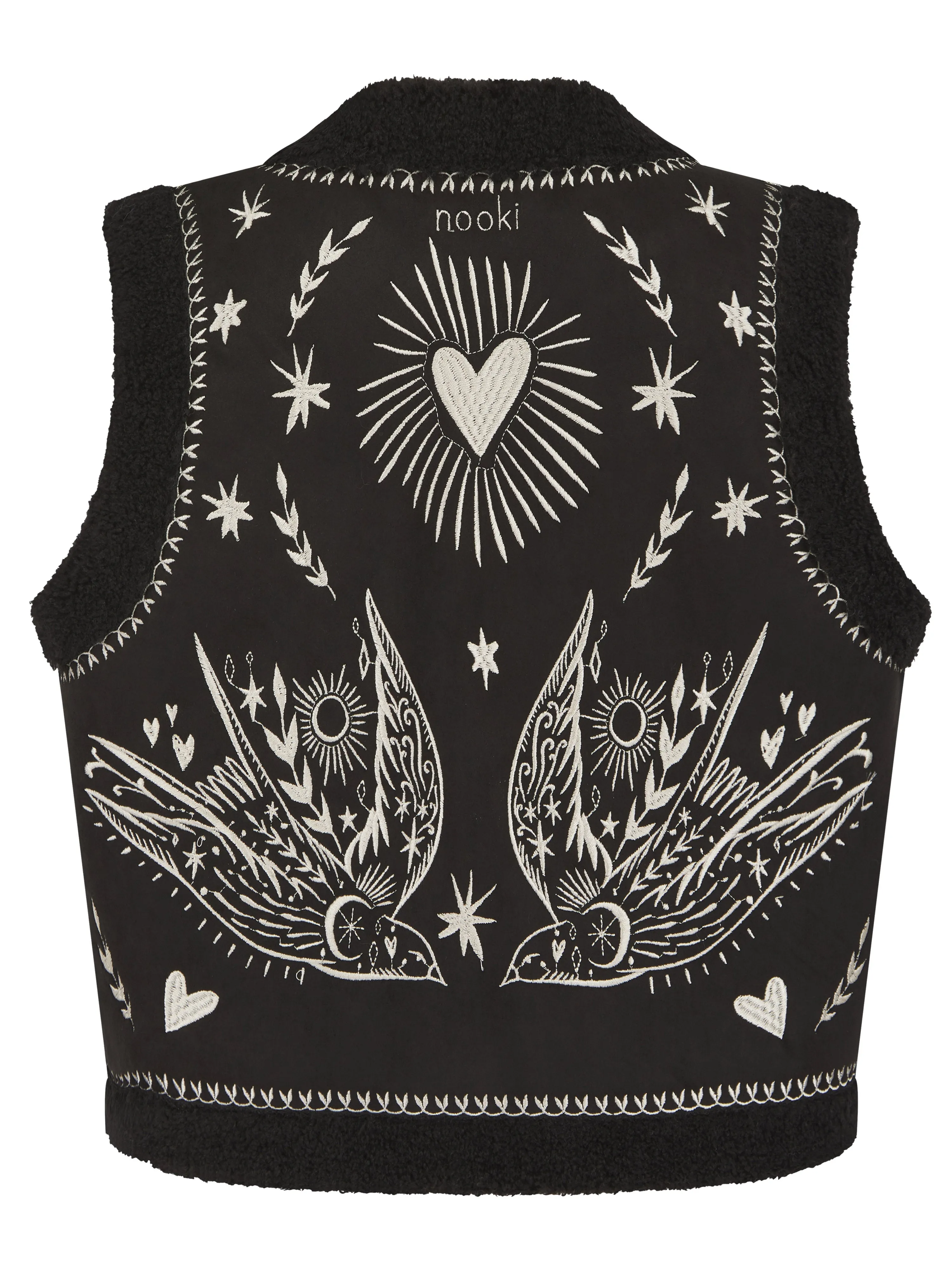 FREE BIRD EMBROIDERED FAUX SHEARLING GILET-BLACK