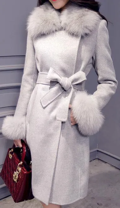 Fur-Trim Wool Wrap Coat - (Grey, Pink, Light Brown)