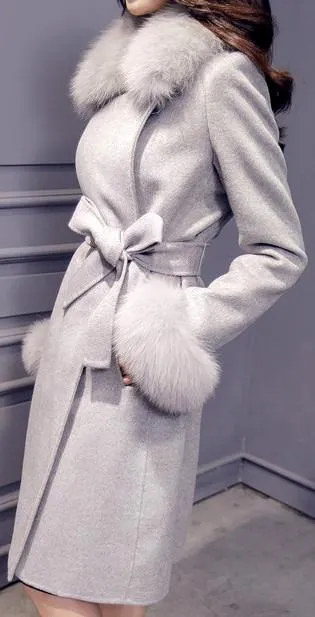 Fur-Trim Wool Wrap Coat - (Grey, Pink, Light Brown)