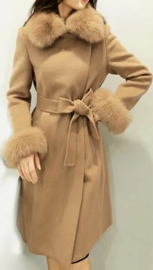 Fur-Trim Wool Wrap Coat - (Grey, Pink, Light Brown)