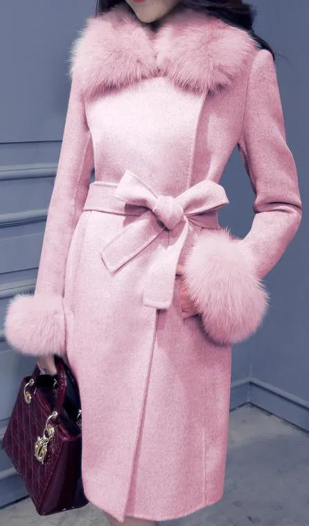 Fur-Trim Wool Wrap Coat - (Grey, Pink, Light Brown)