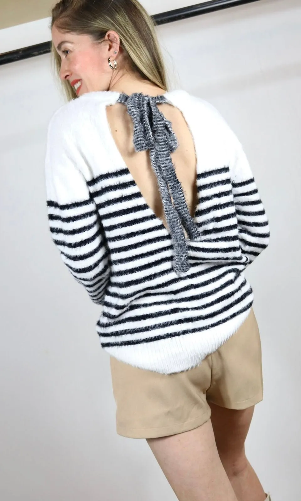 Fuzzy String Stripe Open Back Tie Sweater