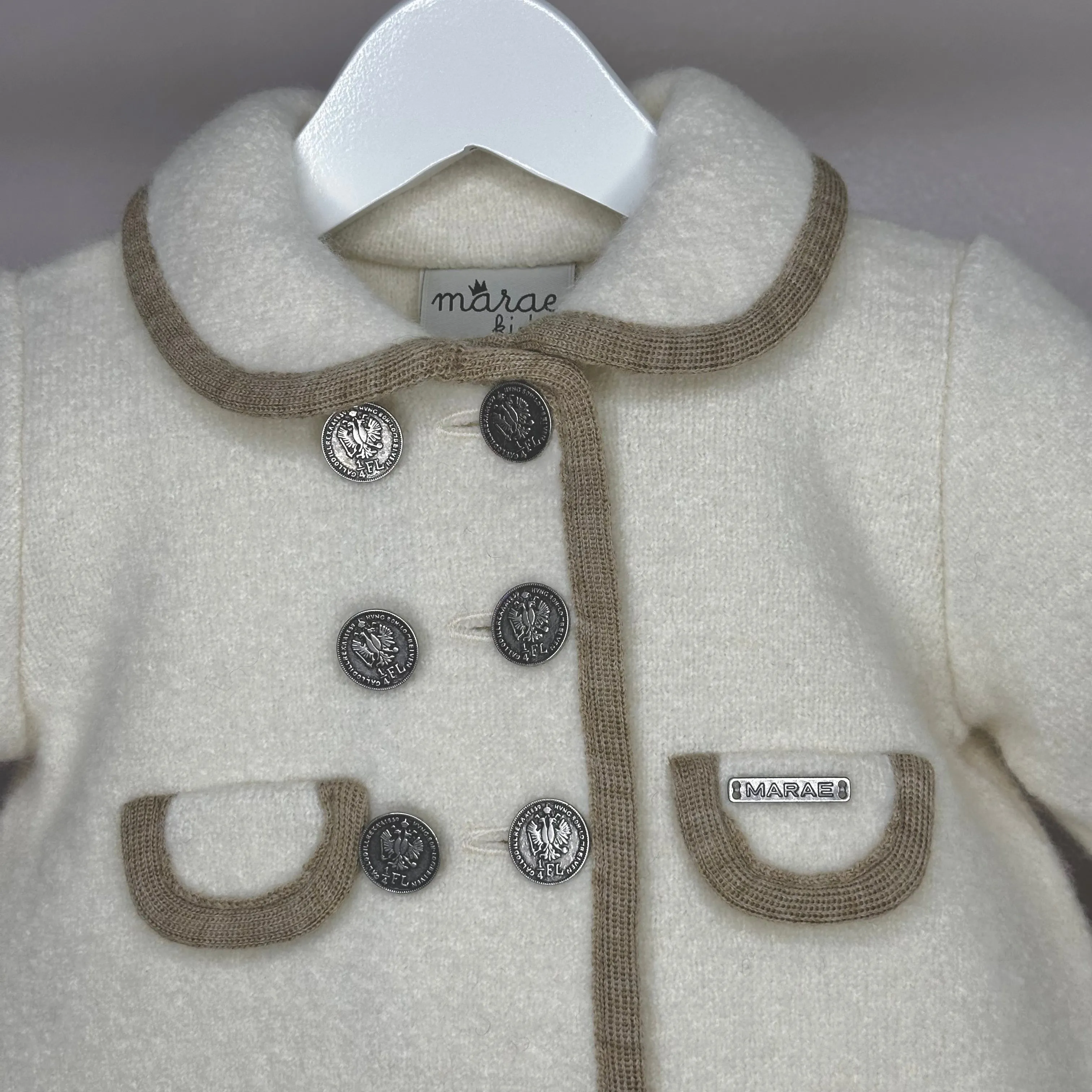 Girls Cream Marae Coat With Camel Trim